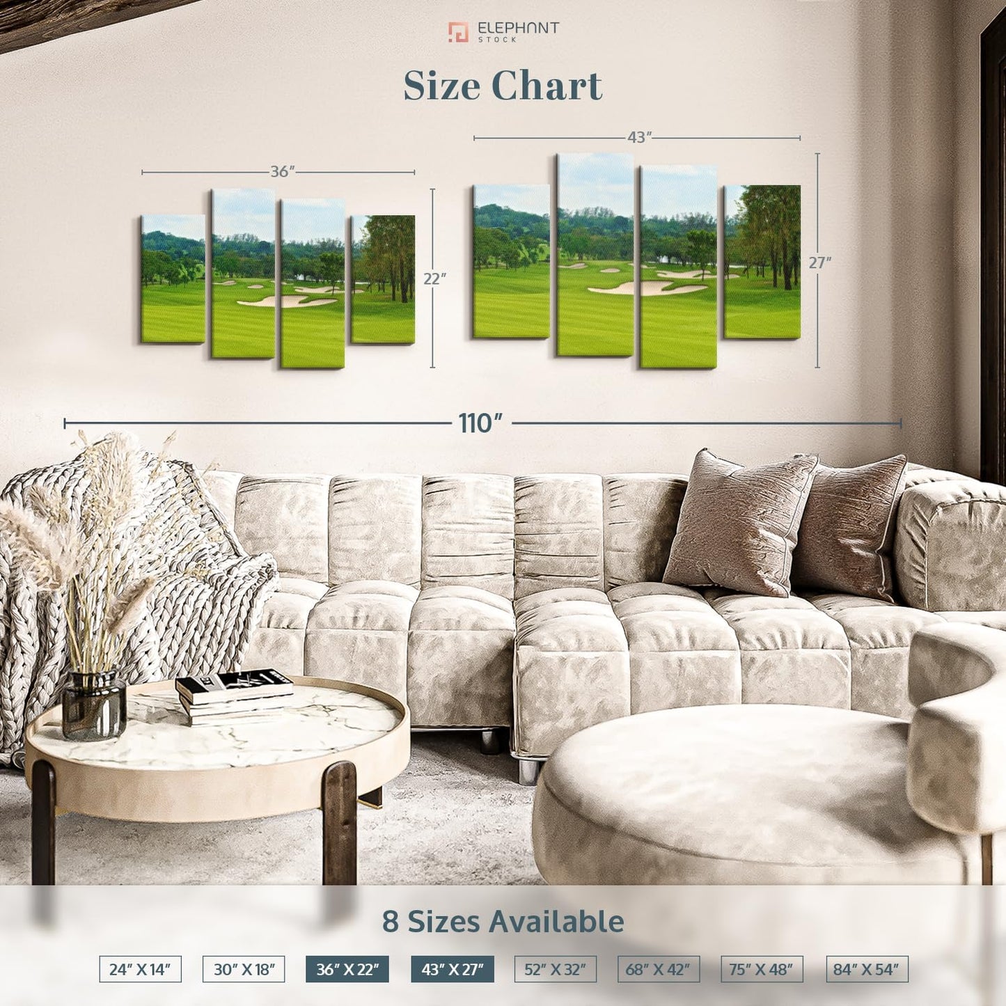 Elephant Stock Beautiful Golf Course Wall Art - Horizontal Canvas - 4-Piece Living Room Wall Decor - Tree Photography Canvas Print - Green and Blue Decor for Wall - 36" X 22"