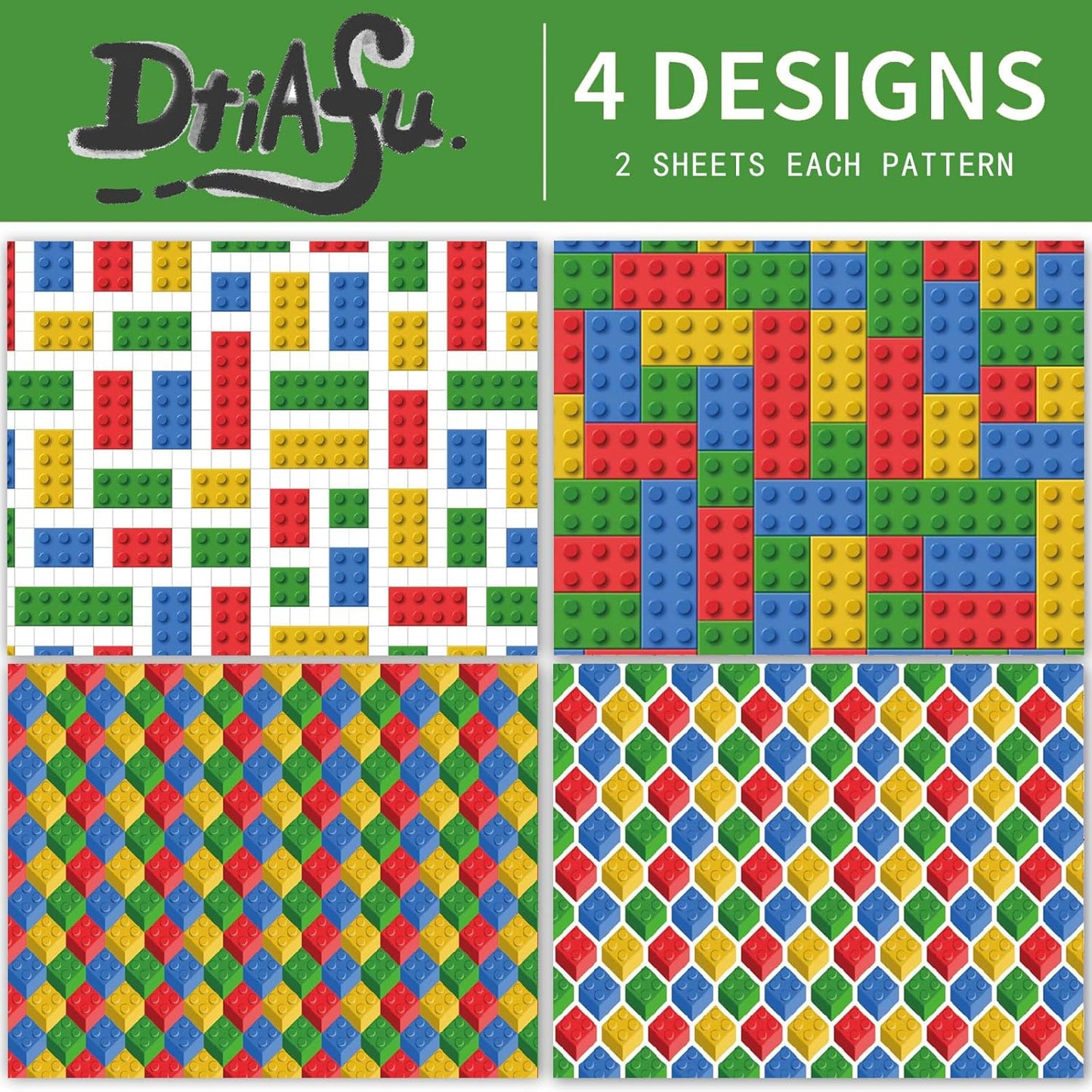 Dtiafu Building Blocks Wrapping Paper - Birthday Wrapping Paper for Boys Girls Kids - 4 Style 8 Sheet Funny Gift Wrap - 20 X 28 Inch Per Sheet(Not Rolled)