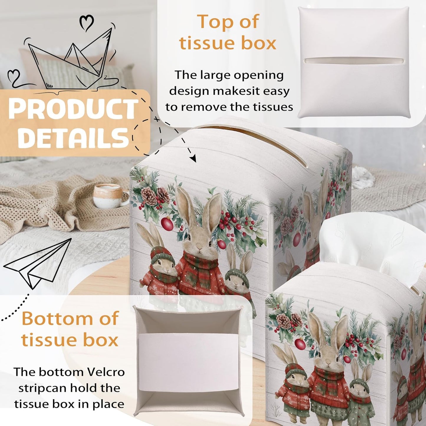 Christmas Tissue Box Holder, Christmas Bunny Leather Tissue Box Cover Square with Bottom Belt, Paper Facial Decorative Tissues Cover for Night Stands Bathroom Office Home Decor-B15