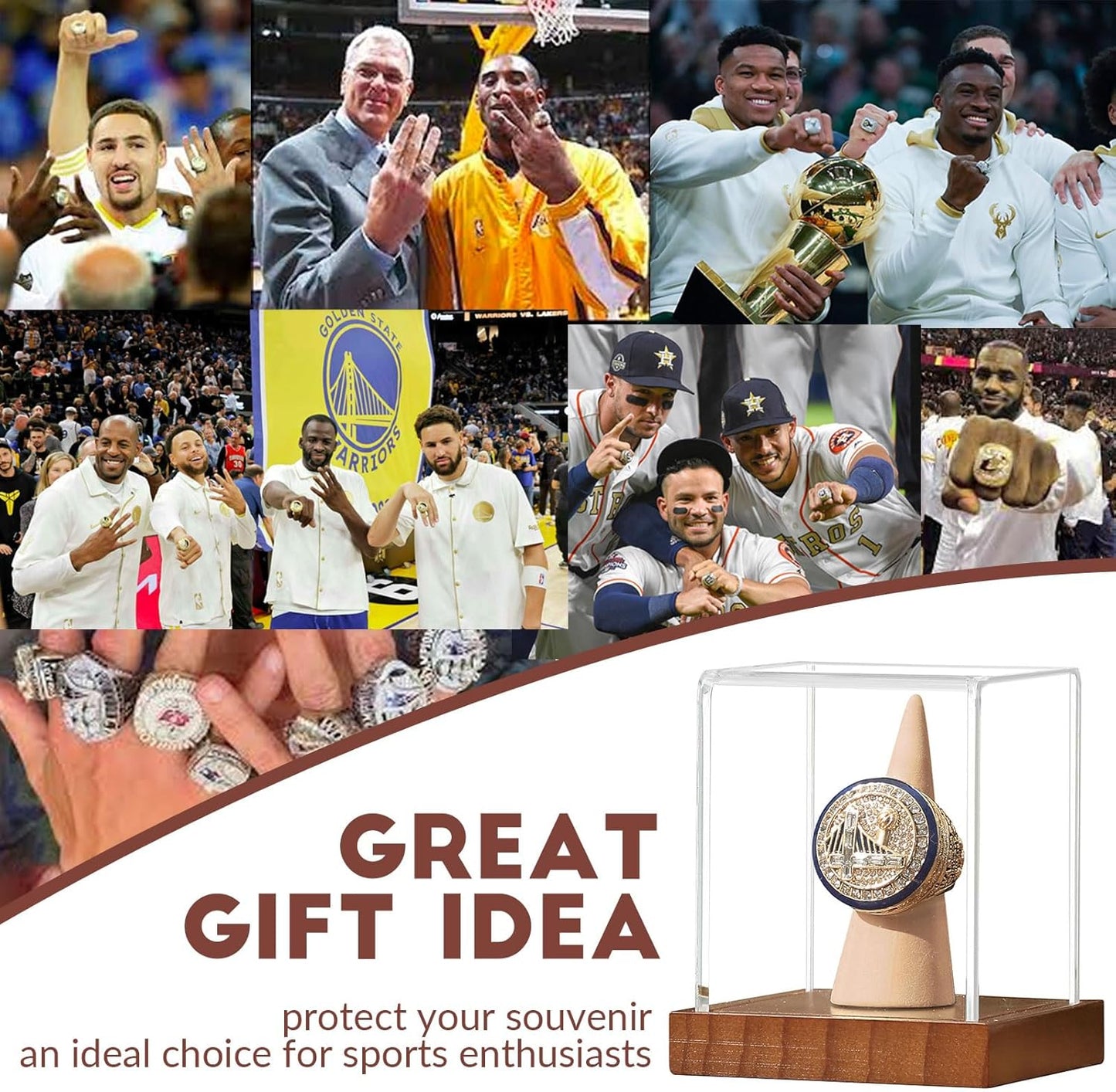 JupDec Championship Ring Display Case 2 Pack, Clear Acrylic Single Ring Holder with Wood Stand Base for Sports Basketball Baseball Fan Souvenirs Military, UV Protection