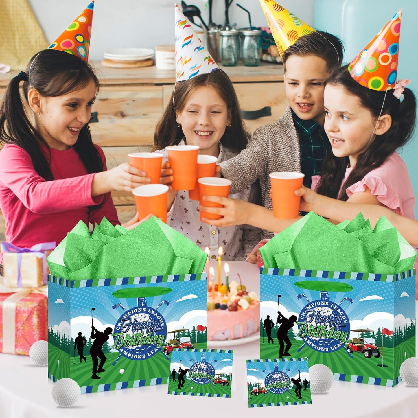 Innovoscape Golf Party Gift Bag Happy Birthday Wrapping Bag with Greeting Card and Tissue Green Birthday Paper Bag for Boys Girls Golf Party Decorations Baby Shower Bday Golf Theme Party Supplies