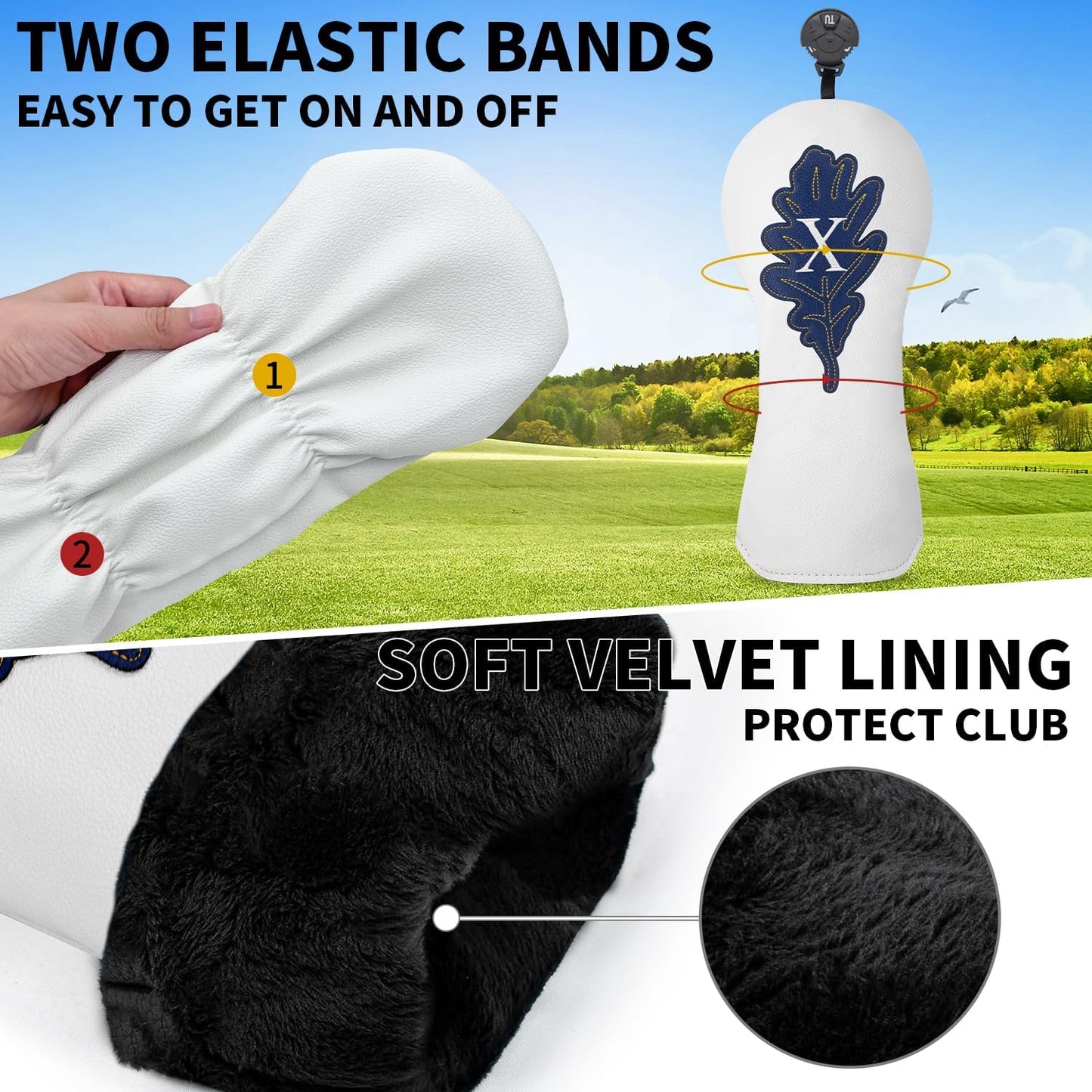 Golf Maple Leaves Head Cover Golf Club White Leather Headcovers Set Fits Driver Fairway Wood Hybrid Utility Putter Iron Wedge Headcover.