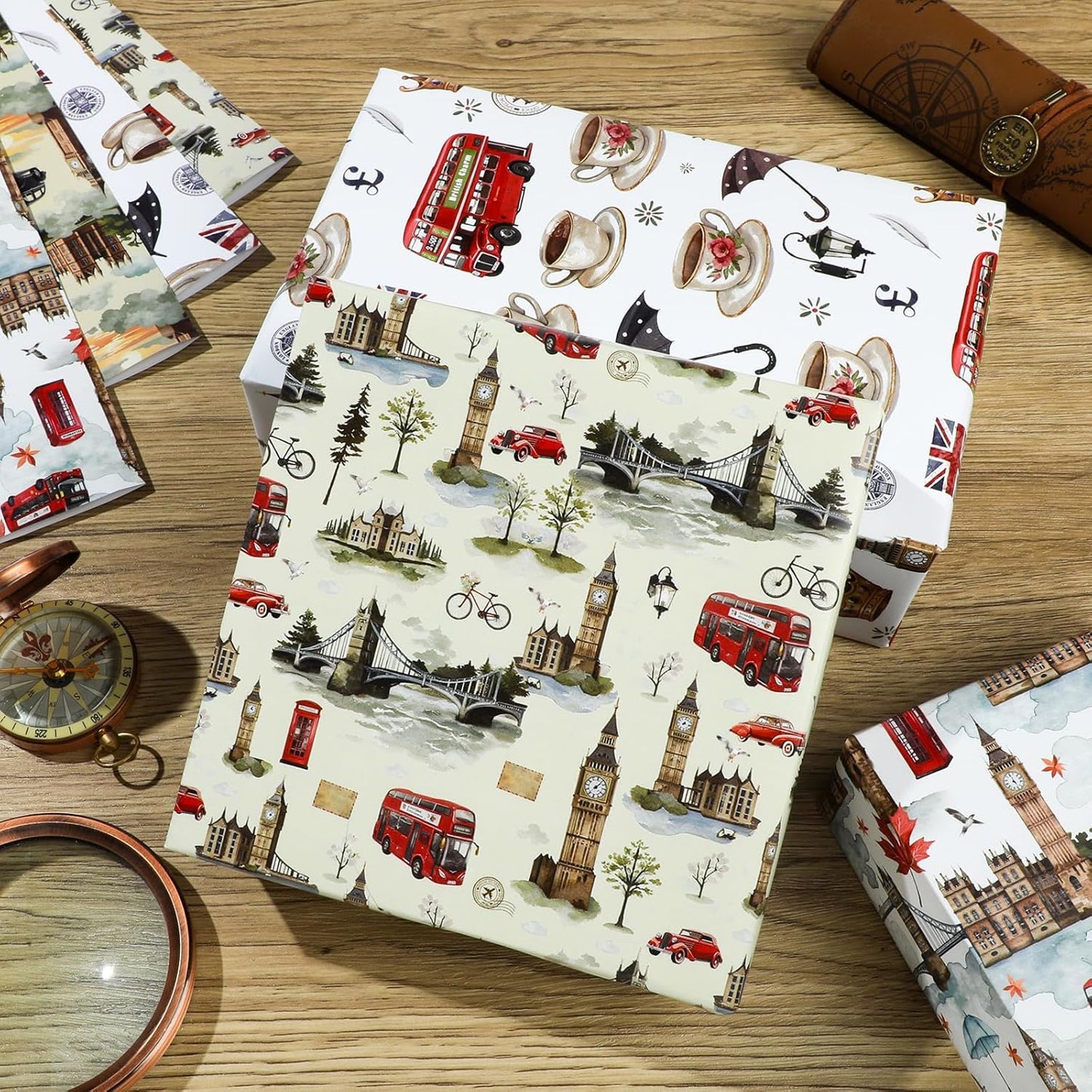 Pineraap London Wrapping Paper 12 Sheets – Big Ben,Tower Bridge,Umbrella UK Designs – British Gift Wrap for Birthday,Travel Lovers,20"×28"