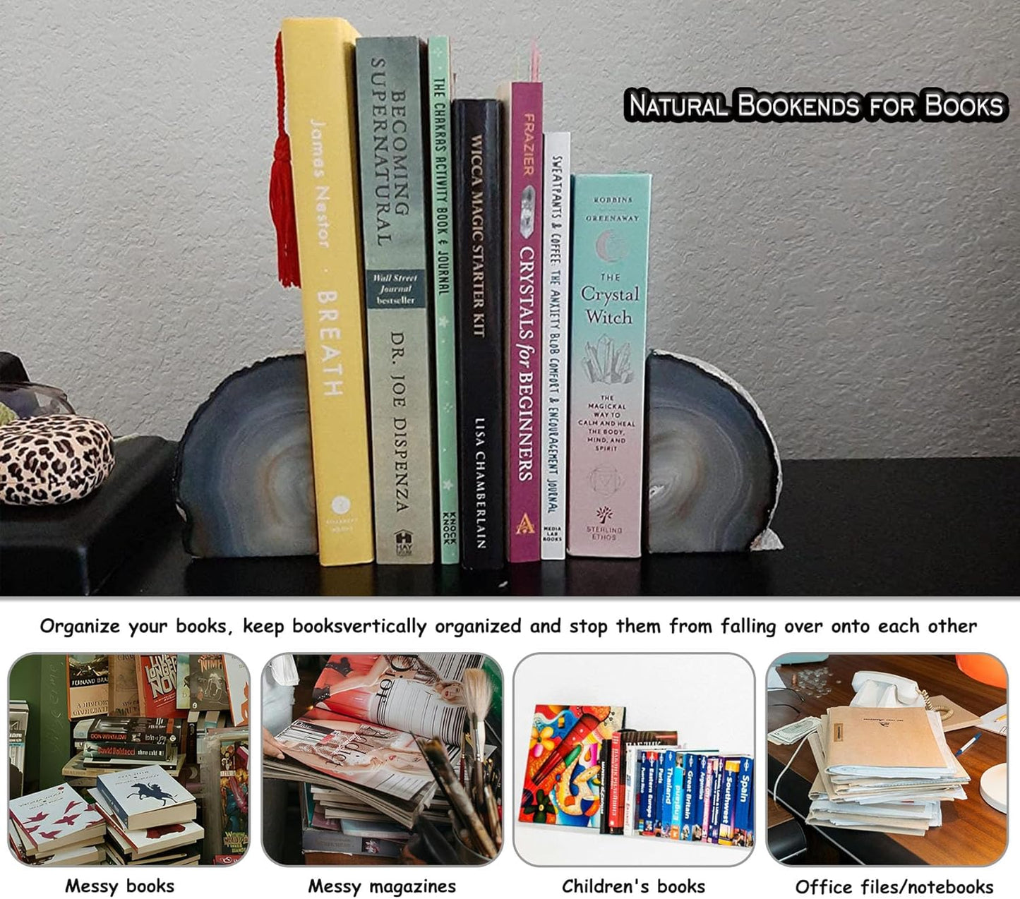 AMOYSTONE Unique Agate Stone Bookends, Heavy-Duty Book Ends for Heavy Books, Quartz Crystal Book Stopper, Natural Brown/Gray, 4-6 LBS, Perfect for Office and Studyroom Decor