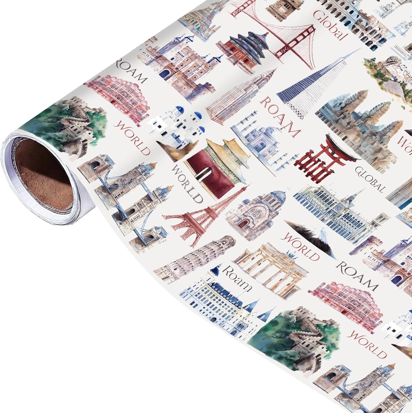 Pineraap World Landmark Wrapping Paper Roll - 17Inch x16.4Feet - Eiffel Tower,Big Ben,Statue of Liberty Themed Watercolor Gift Wrap for Travel Enthusiasts,Holidays,Birthdays