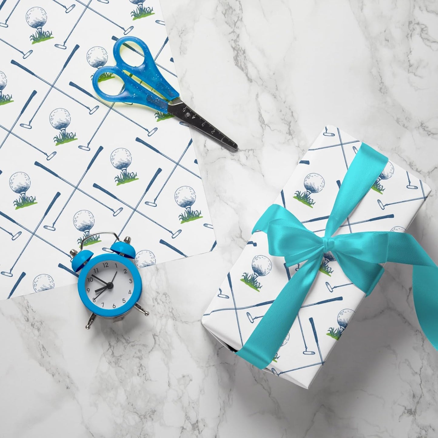 WAPLIGHAL Golf Wrapping Paper for Kids Men - Blue Golf Club and Ball Design - 28 x 40 Inches - Perfect for Birthdays, Holidays, and Father’s Day