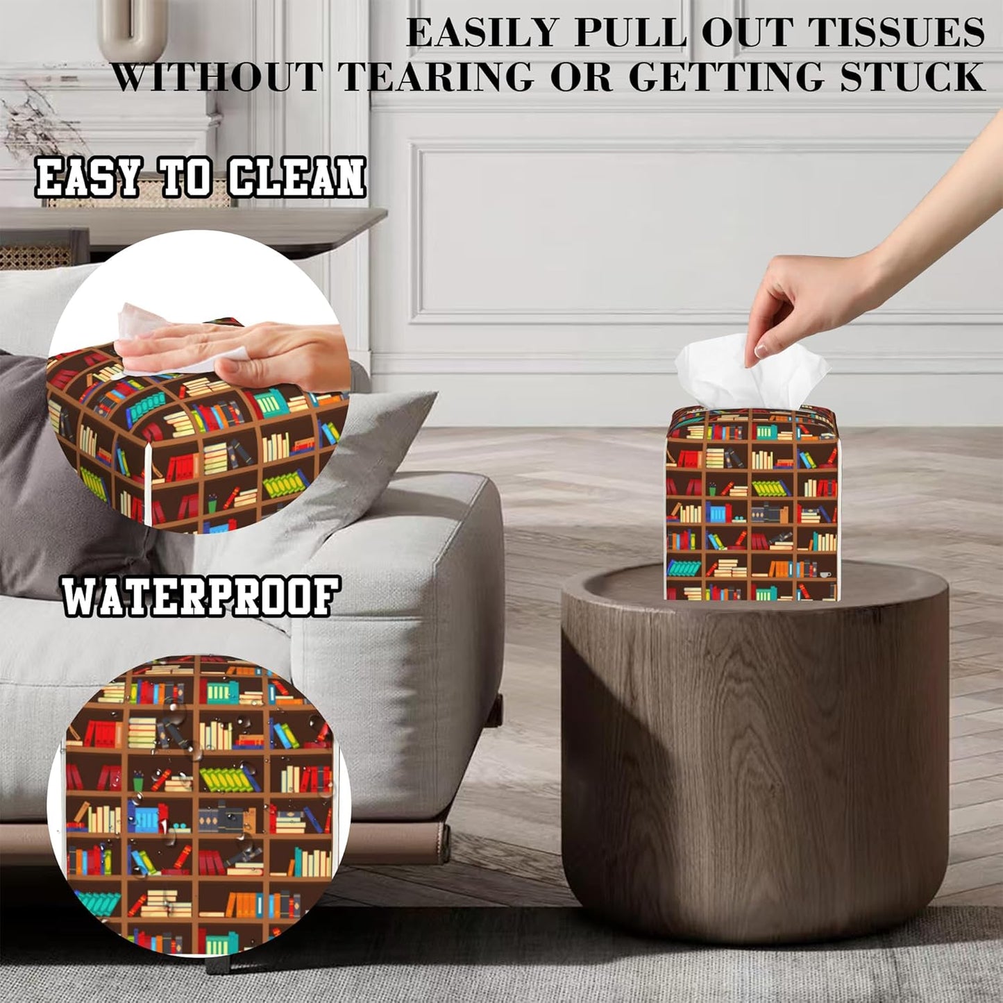 Books in Bookcase Tissue Box Cover Square, Library Shelves Tissue Box Holder Leather Facial Paper Case Decorative Organizer Holder Dispenser Home Office Car Decor