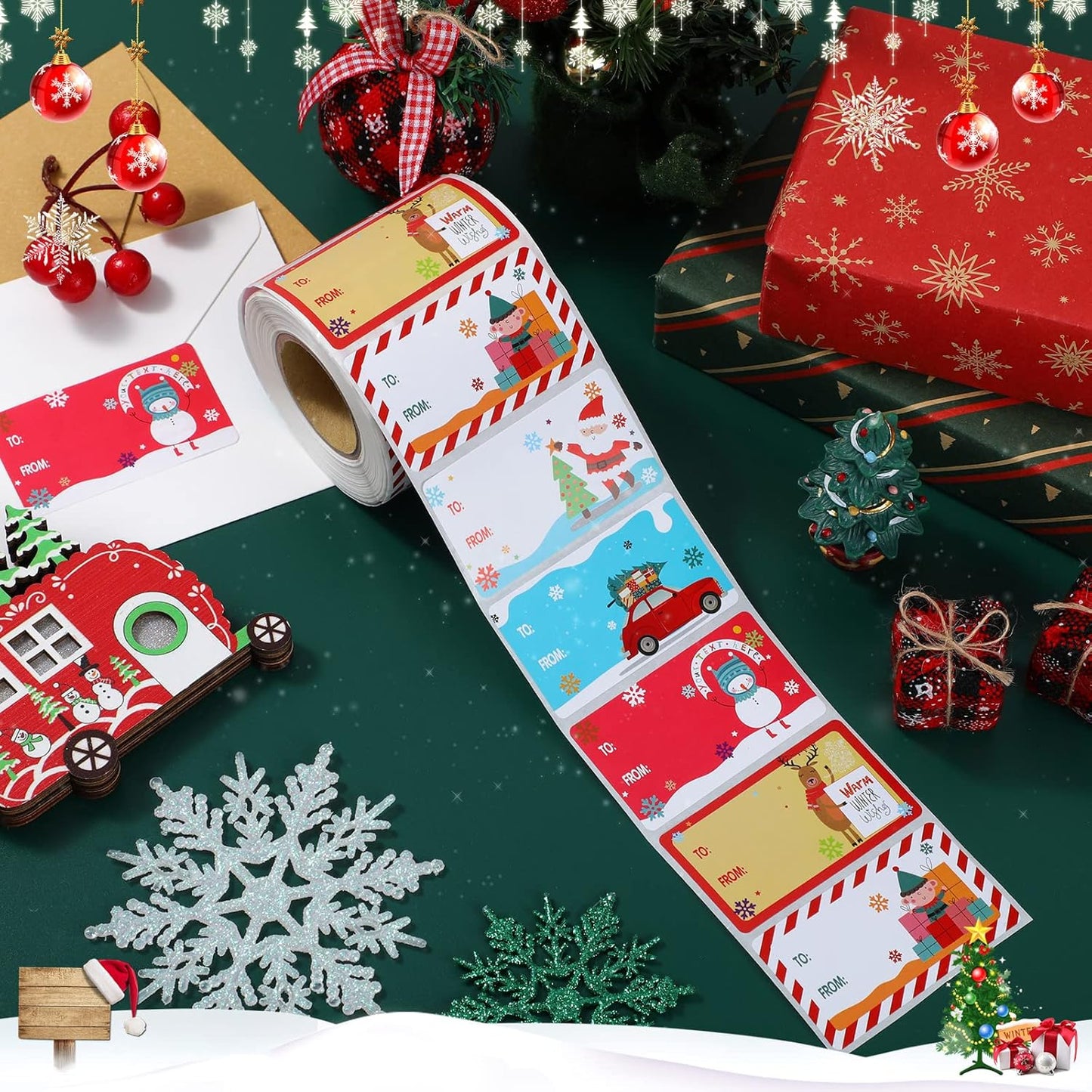 Outus 500 Pieces Christmas Tags Self Adhesive Gift Tags for Xmas Presents Christmas Name Labels Stickers for Wrapping Paper Festival Birthday Holiday Decor(Cartoon Style,2.95 x 1.6 Inch)