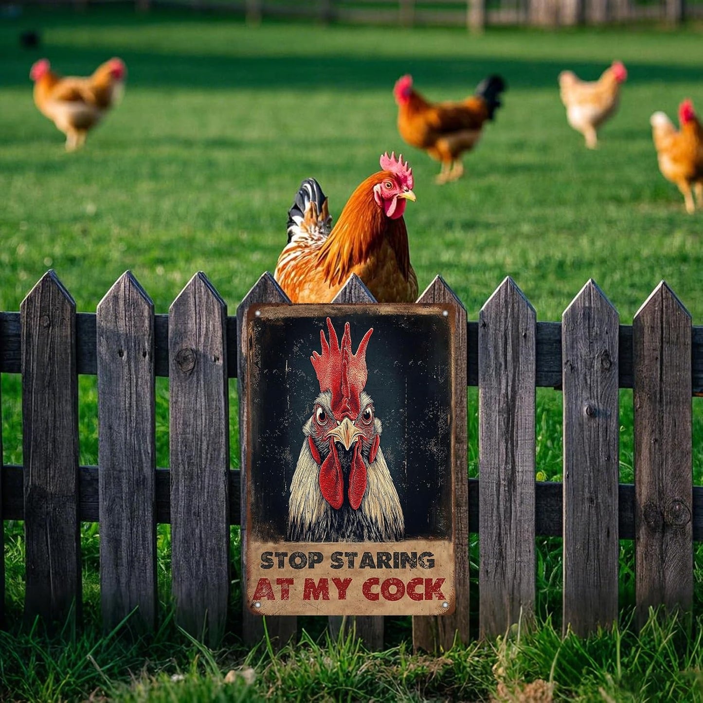 Vintage Farm Sign Chicken Stop Staring At My Cock Farmhouse Metal Tin Sign 12x8 Inch Home Wall Decor