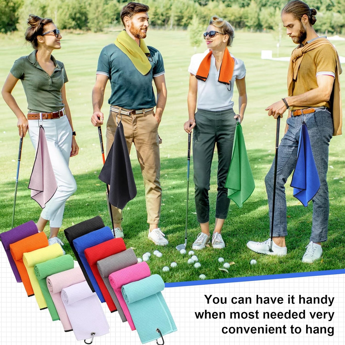 Batiyeer 12 Pcs Golf Towel Bulk for Golf Bags 16'' x 16'' Microfiber Fabric Towel with Clip Waffle Pattern, Fitness, Camping, Hiking, Yoga