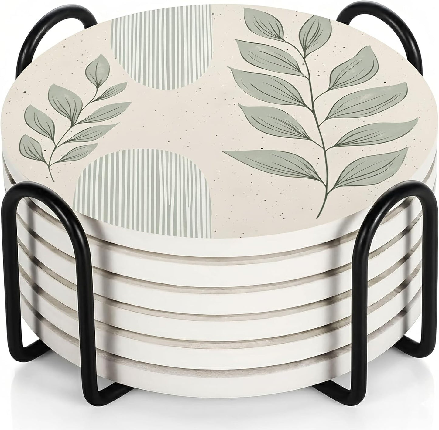 VEYRO Coasters Set of 6 for Drinks – Absorbent Ceramic Stone Drink Coasters with Cork Backing for Coffee Table & Desk, Modern Boho Look Cup Coaster Set, Housewarming Gift for New Home