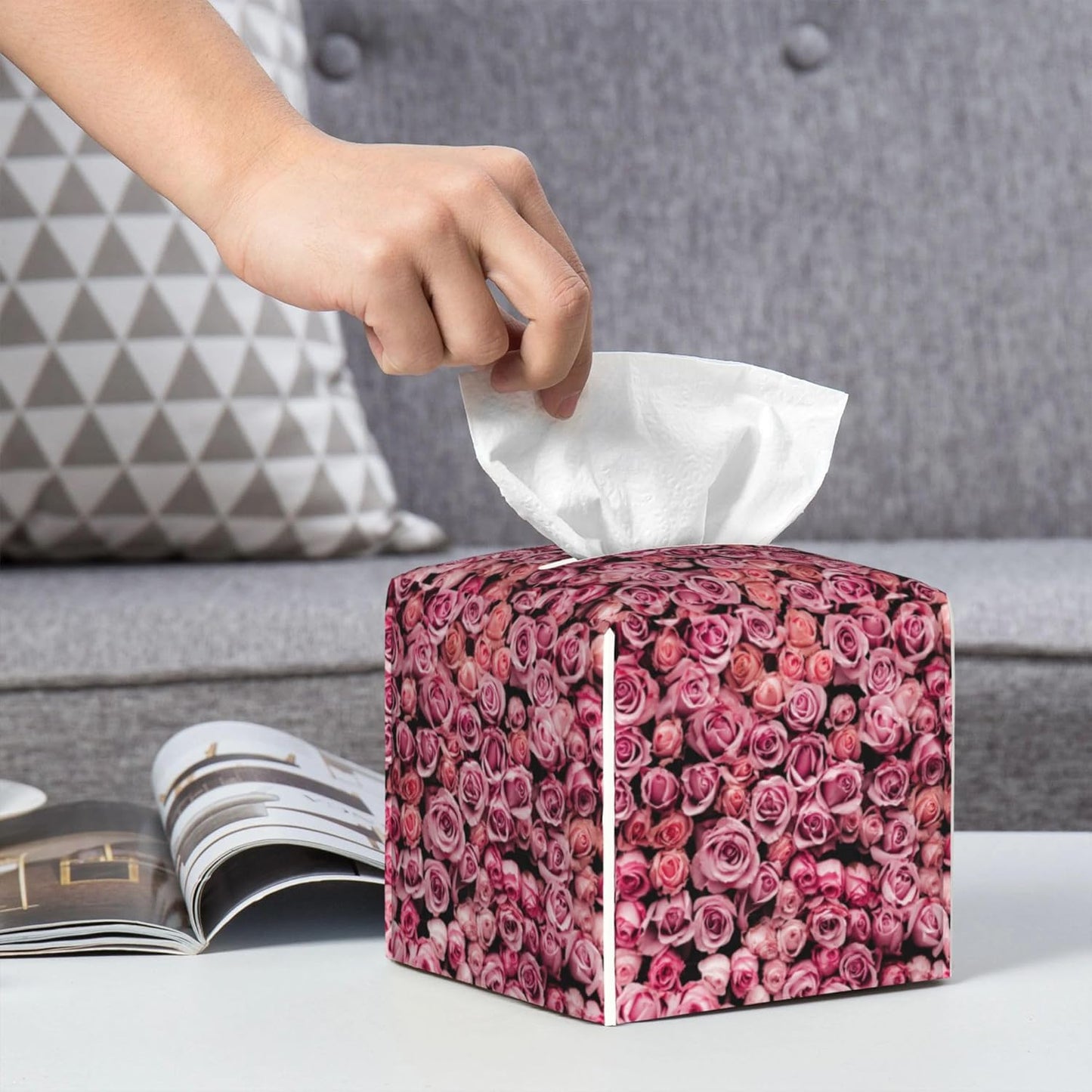 Pink Rose Flower Tissue Box Cover Leather Tissue Box Holder Square Facial Paper Organizer Dispenser for Bathroom Kitchen Bedroom Vanity Countertop Night Stands