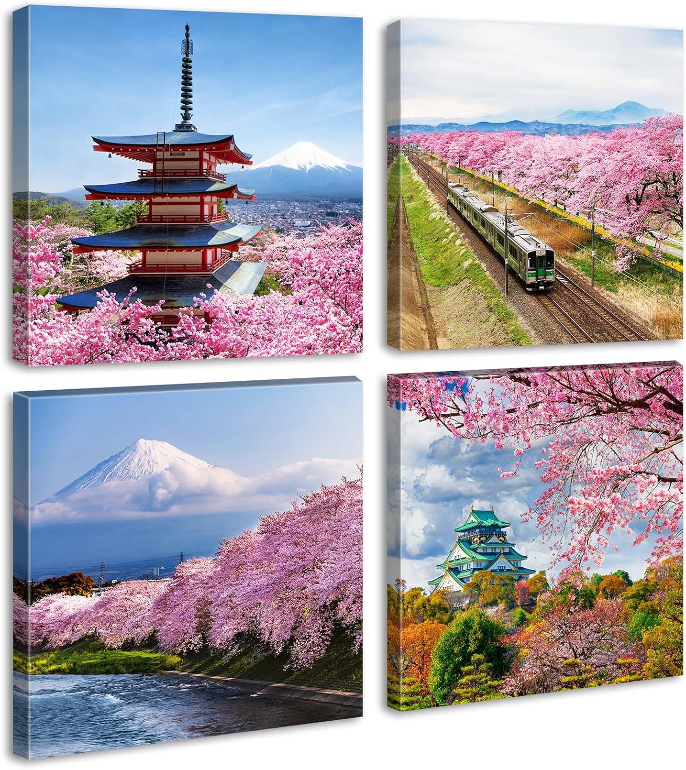 Japanese Cherry Blossom Wall Art - Asian Nature Landscape Romantic Canvas Prints Japanese Mount Fuji Posters Spring Scenery Pictures Modern Artwork for Bedroom Living Room Home Decoration 12"X12"X4
