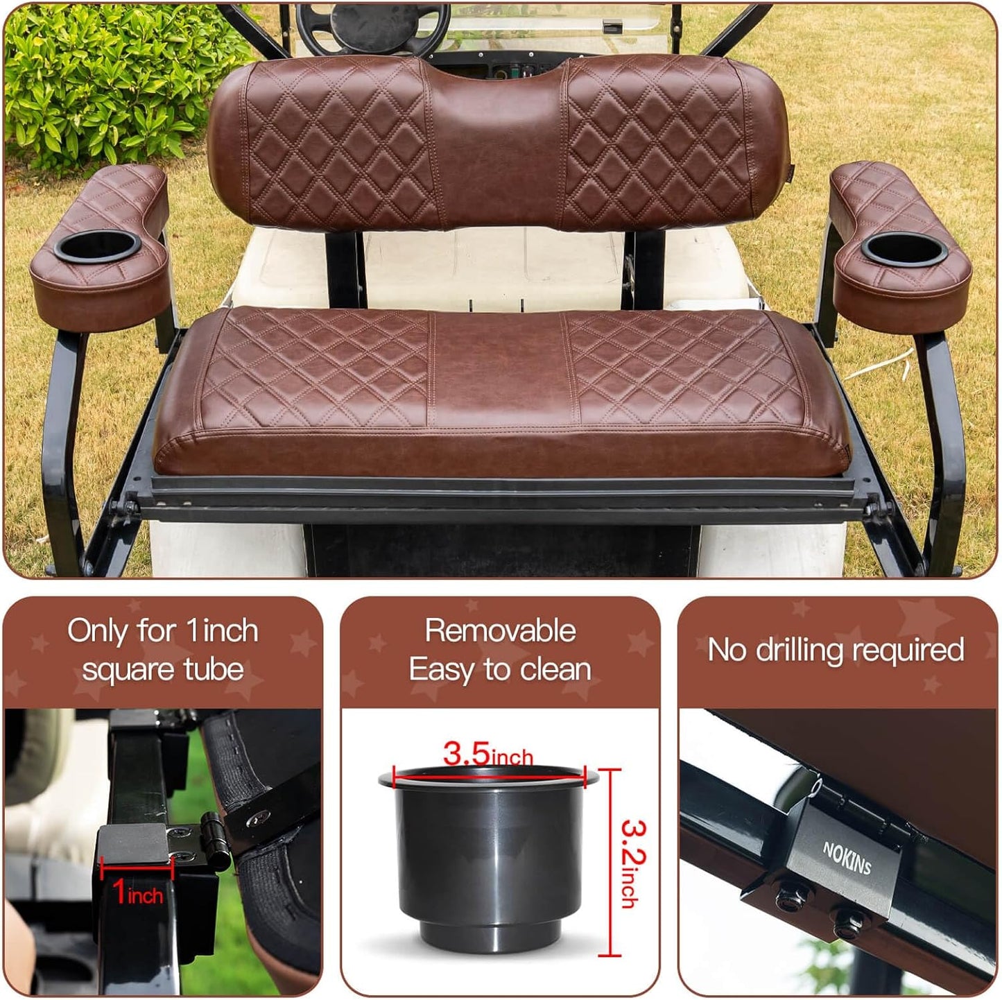 NOKINS Golf Cart Armrest with Cup Holder for EZGO/Club Car/Yamaha, No Drilling Required, Golf Cart Flip Hinged Armrest for Rear Seat with 1 inch Square Tube Frame (Brown&Brown 8438)
