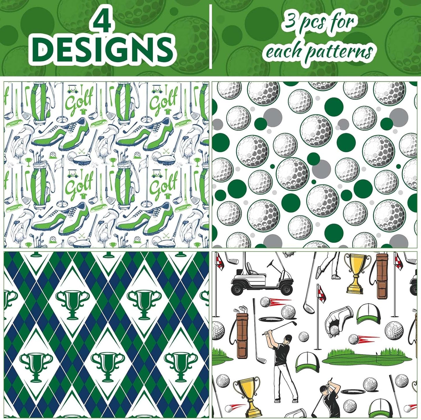 12 Sheets Golf Wrapping Paper Golf Clubs Balls Green Argyle Pattern Sports Gift Wrap Paper for Golf Theme Birthday Party Supplies, 20" x 28"
