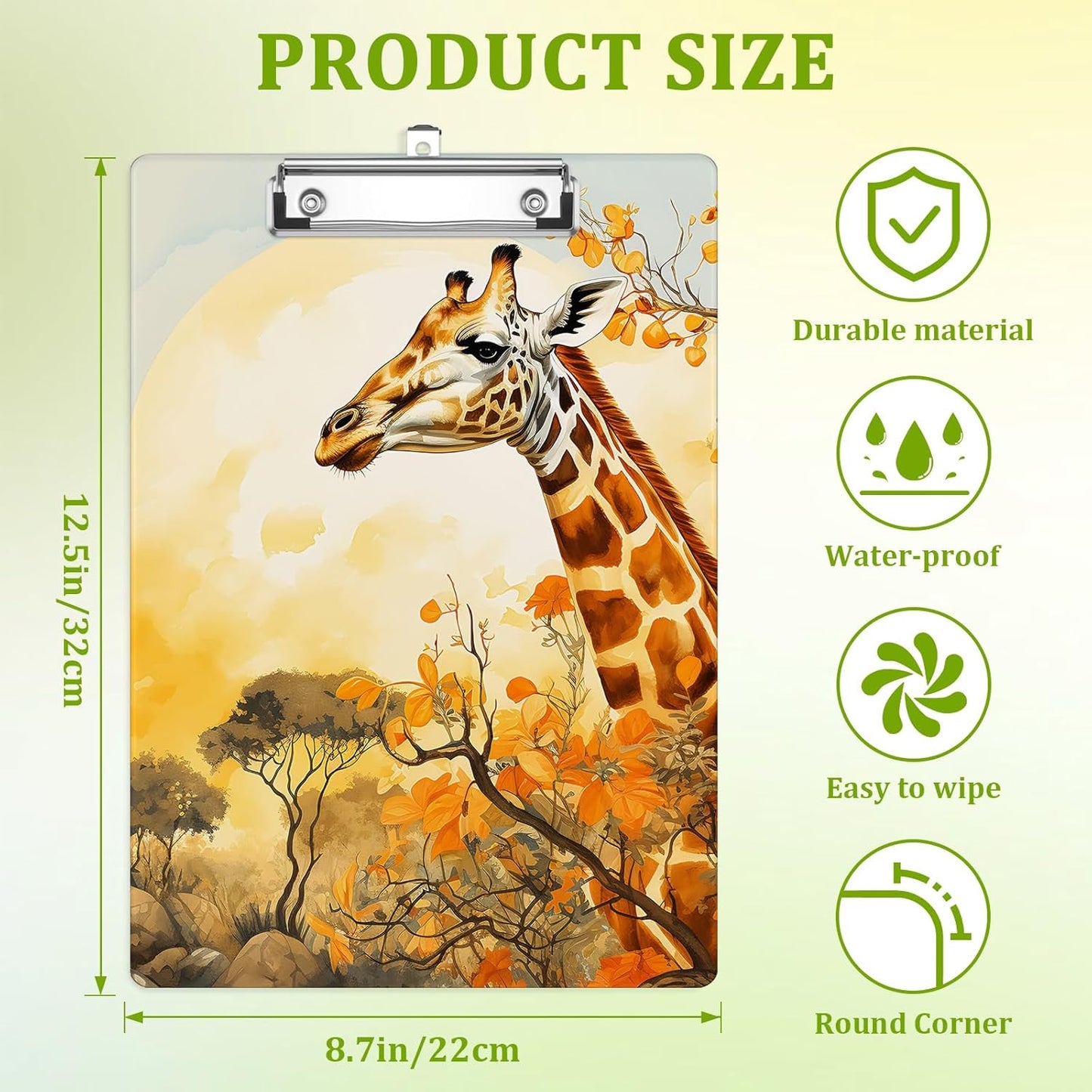 Forest Giraffes Clipboard,Decorative Acrylic Clipboard with Low Profile Metal Clip for Office,School,Teachers,Students Standard Letter Size 9x12.5
