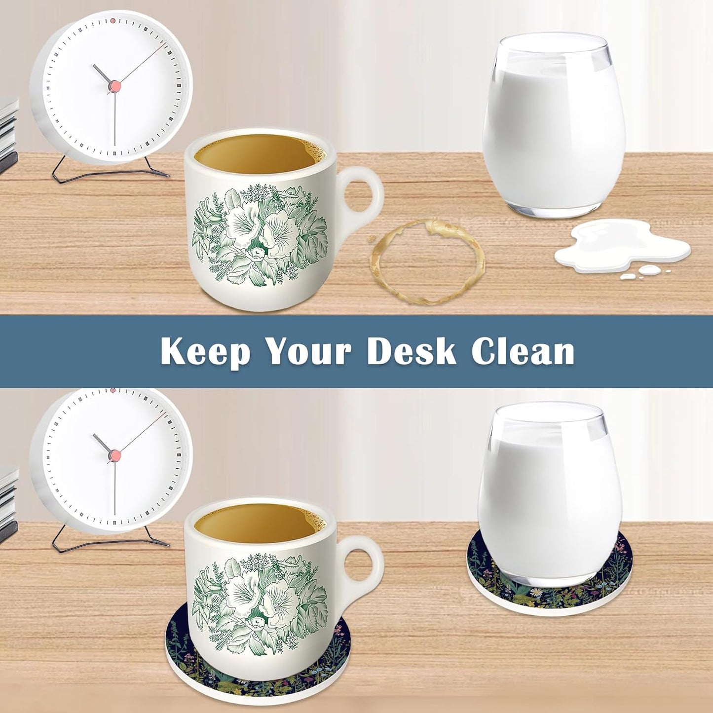 Coasters for Drinks, Set of 4 Absorbent Ceramic Coasters, Wild Flowers Herbs Botanical Design, Round Shape, Perfect for Coffee Table Protection