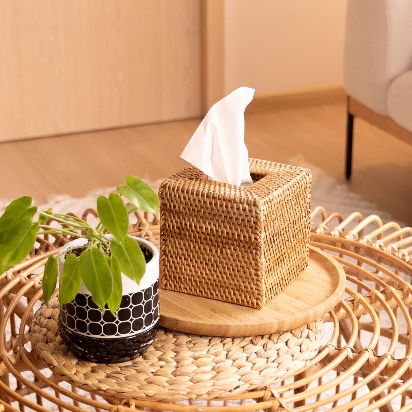 2 Pack Rattan Tissue Box Cover Square, Hand Woven Wicker Tissue Holder, 5.5 x 5.5 X 5.7 inch, Natural