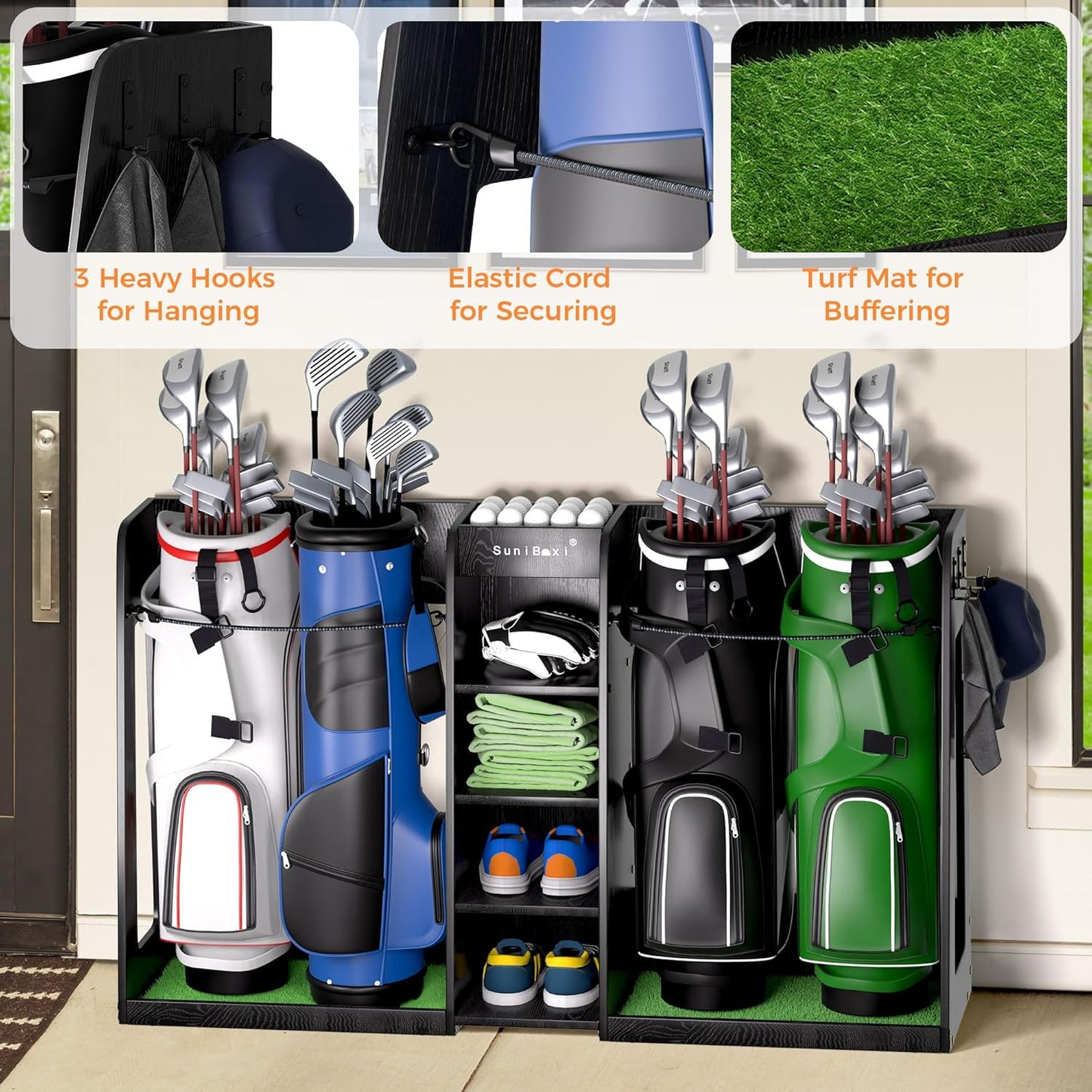 Wooden Golf Storage Organizer for Garage, Premium Golf Bag Holder Rack for Golfing Accessories, Great Gift for Golfers,Husband, Dad