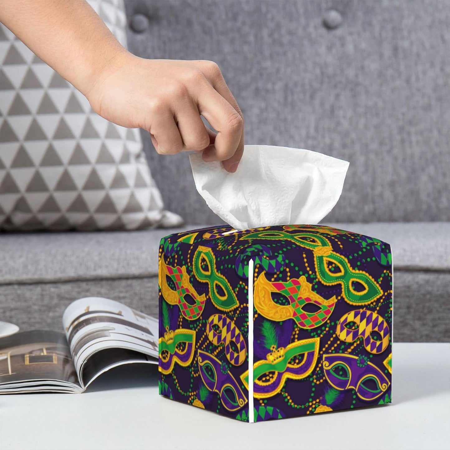 Tissue Box Cover Holder, Colorful Mardi Gras Masks PU Leather Square Tissue Box Cover Decorative Organizer for Bathroom Kitchen Bedroom Vanity Countertop Night Stands