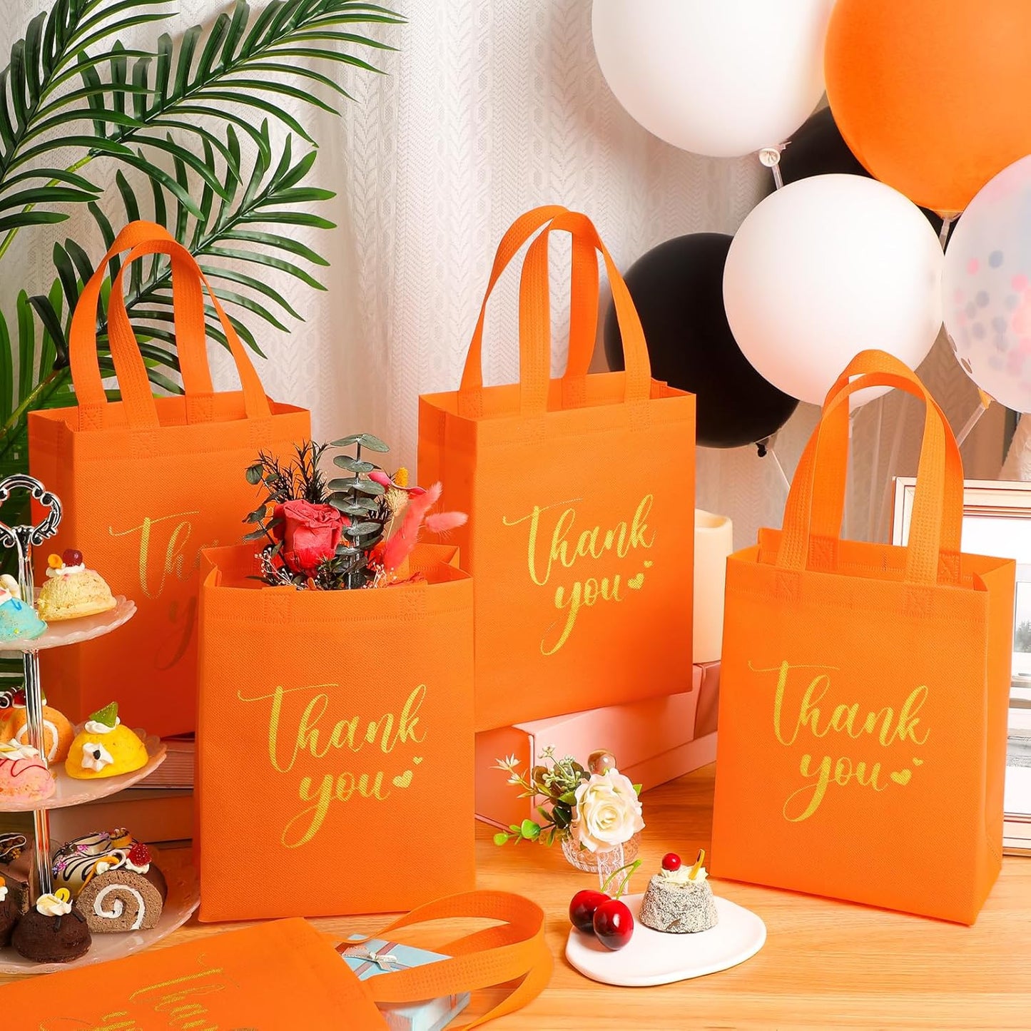 Sweetude 30 Pcs Thank You Gift Bags with Handles Bulk Reusable Goodie Bag Non Woven Foldable Handbag for Graduation Wedding Bridesmaid Gifts(10 x 8 x 4 Inch,Orange)