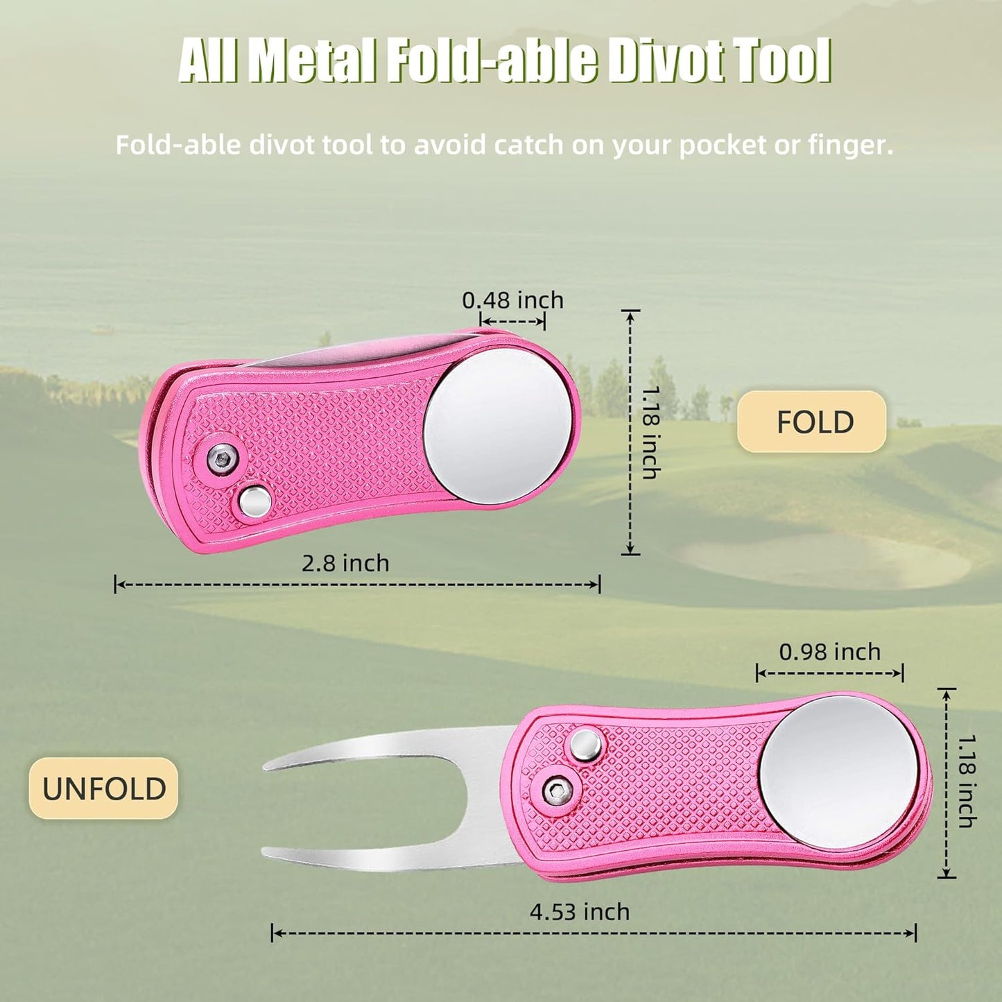 Mile High Life Golf Divot Repair Tool, All Metal Foldable Divot Tool with Pop-up Button & Magnetic Ball Marker