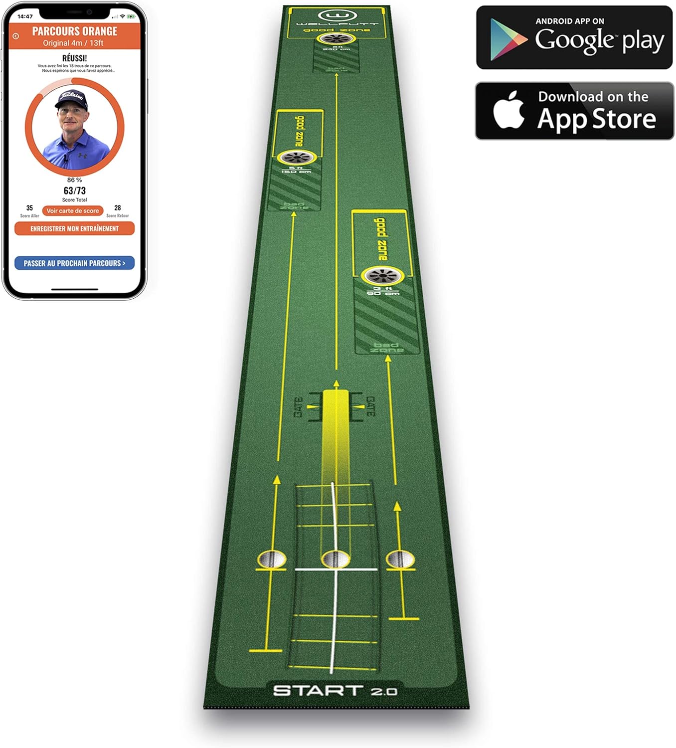 WELLPUTT - Golf Putting Training Mat - 10ft Start 2.0