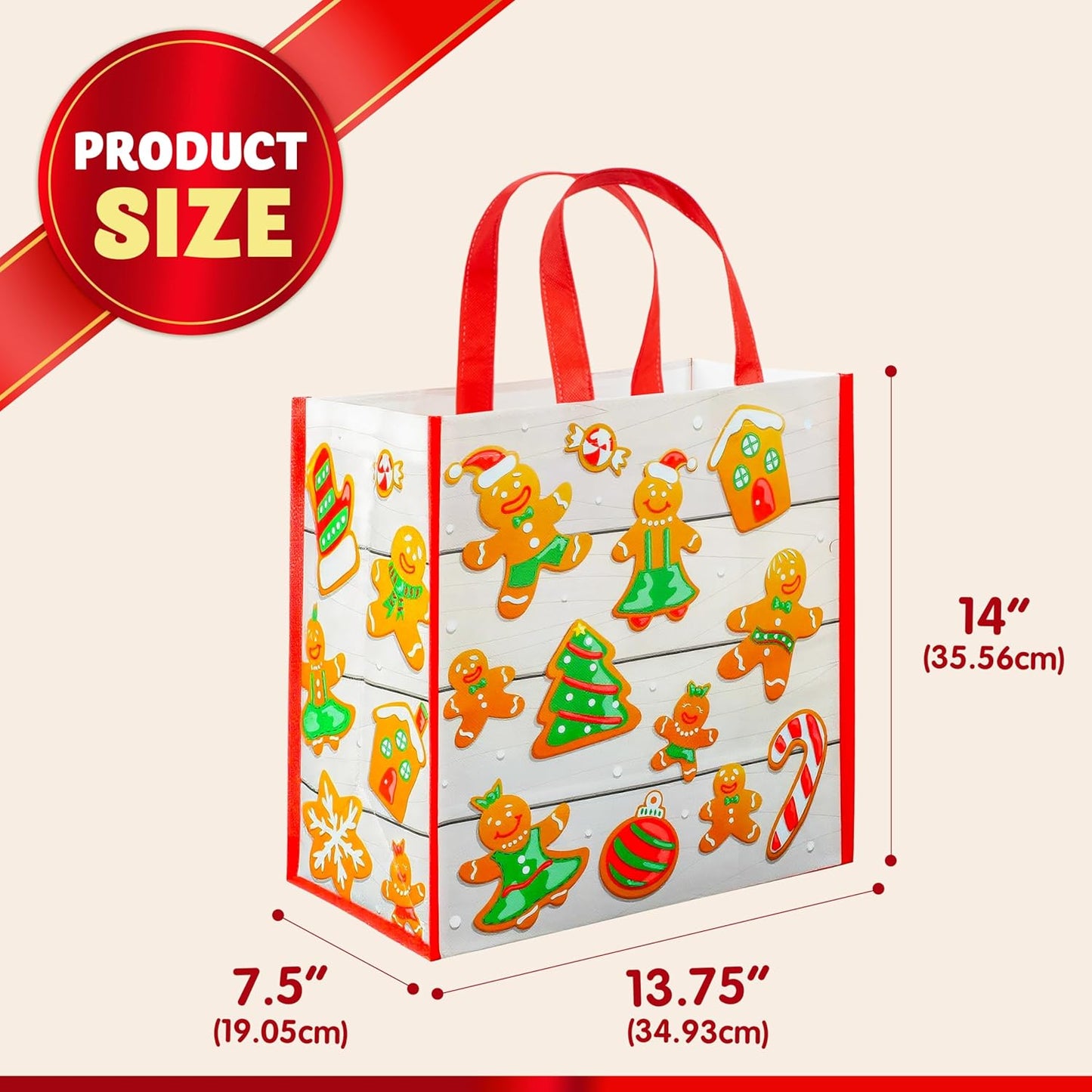 JOYIN 12 PCS Christmas Large Gift Bags with Handles 13.75" x 14", Non-Woven Tote Bag for Wrapping Xmas Party Favors, Reusable Grocery Bags, Party Supplies
