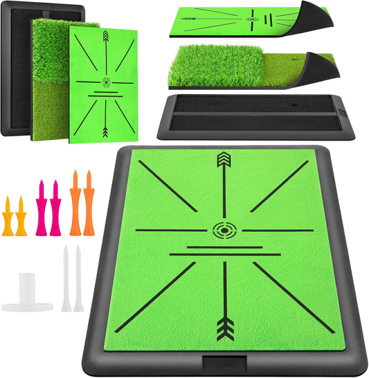 Golf Hitting Mat, Golf Mats Practice Outdoor Indoor for Swing Path Feedback Detection Batting, 16"x12" Artificial Dual Turf Golf Mat with Tees for Training, Driving, Chipping