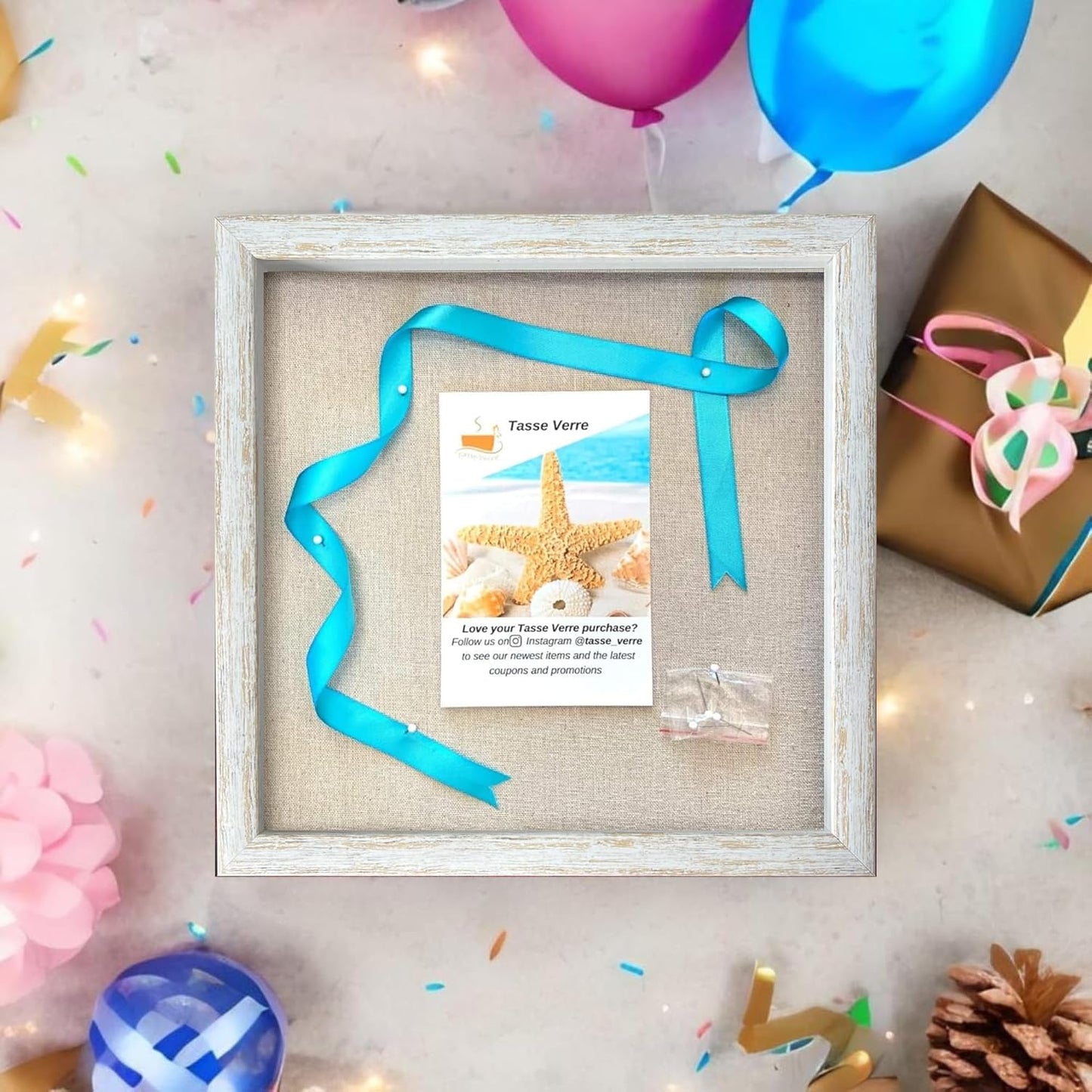 Tasse Verre 10x10 Rustic Display Shadow Box (2-Pack) Frame w/Linen Background and 16 Stick Pins - Ready to Hang Shadowbox Picture Frame - Box Display Baby Memorabilia Wedding