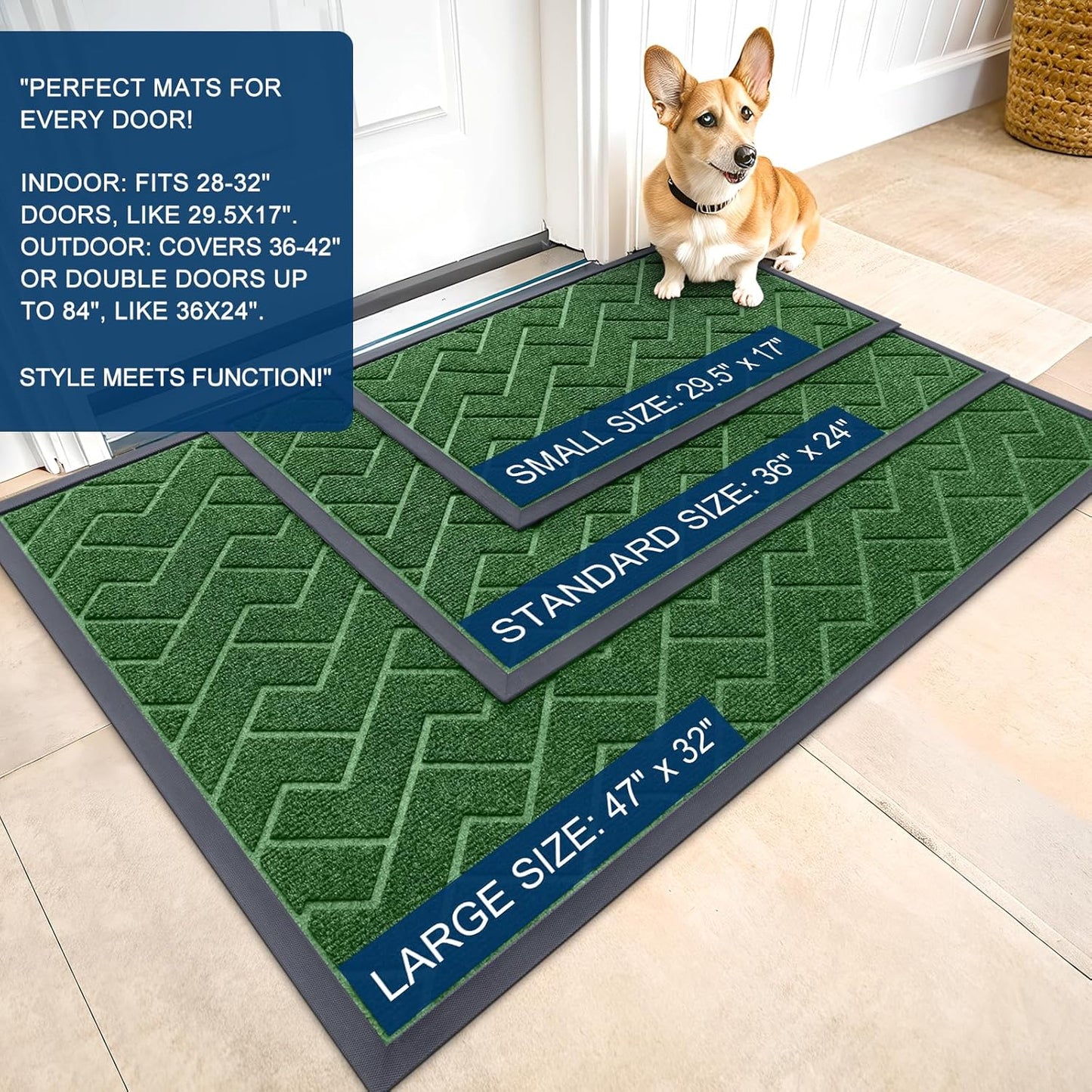 OLANLY Front Door Mat Indoor Outdoor Entrance, Waterproof All-Season, All-Weather Doormat, Sturdy Natural Rubber, Low Profile, Easy Clean Patio Porch Entryway Mat, Herringbone Brick (Green, 47x32)
