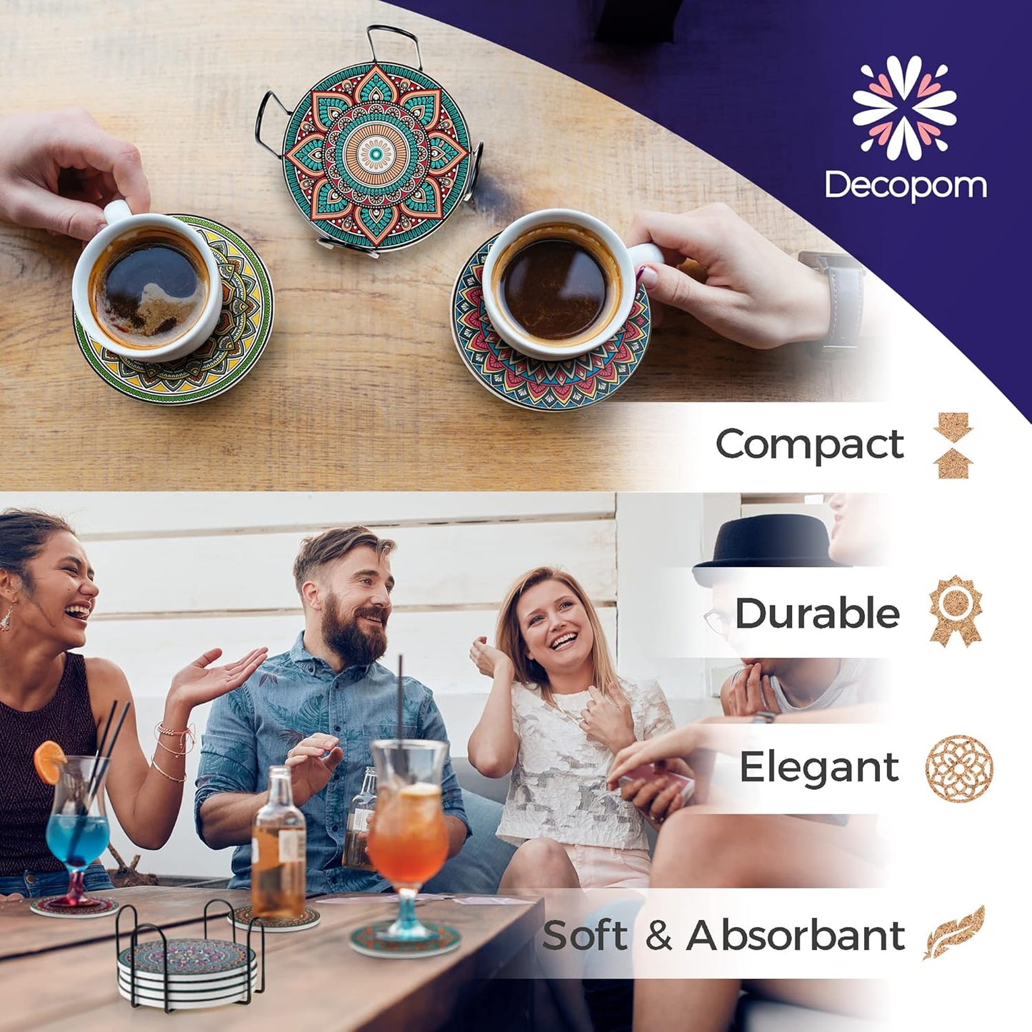 Mandala Drink Coasters with Holder - 8 Set Ceramic Boho Coaster for Drinks Absorbent with Cork Base and Black Holder - Coasters for Coffee Table Apartment Wooden Bar Mugs Glasses Cup Beer