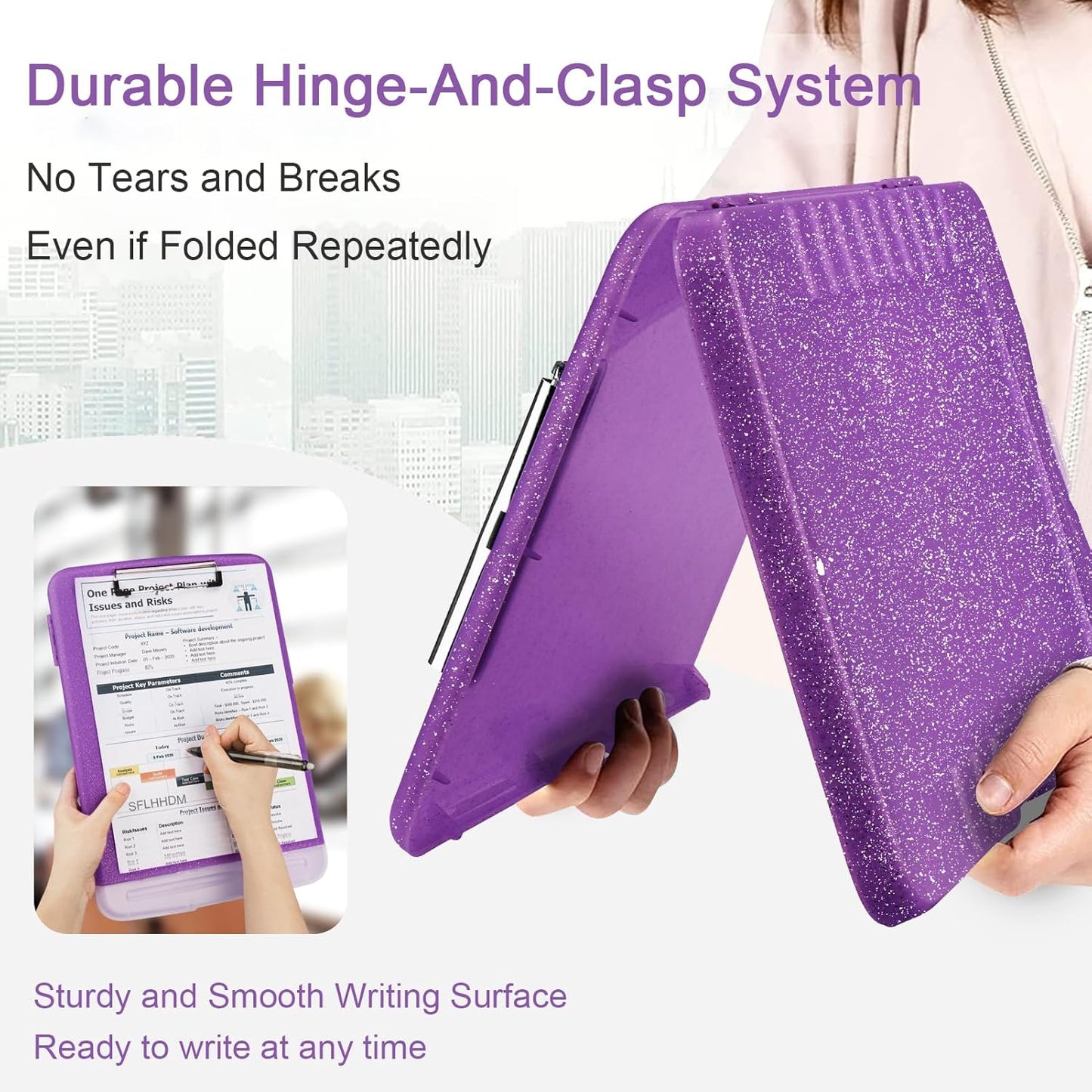 Glitter Clipboard with Storage,Storage Clipboard with Pen Holder,A4 Binder Clip Boards 8.5x11 with Low Profile Clip,Side Opening Sparkle Clipboards, Clipboards Folder for Office Supplies-Dark Purple