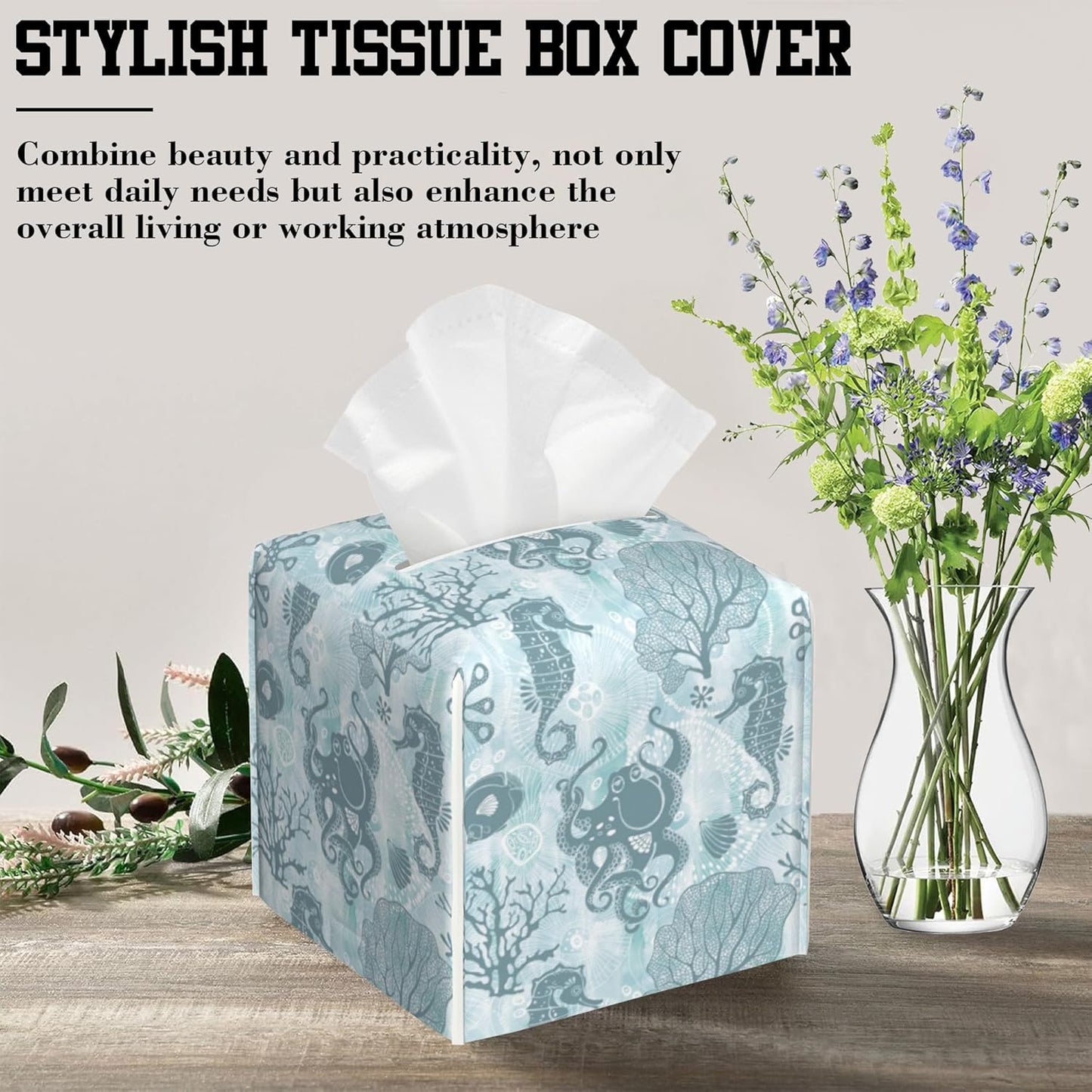 Sea Creatures and Plants Tissue Box Cover Square, Octopus Tissue Box Holder Leather Facial Paper Case Decorative Organizer Holder Dispenser Home Office Car Decor