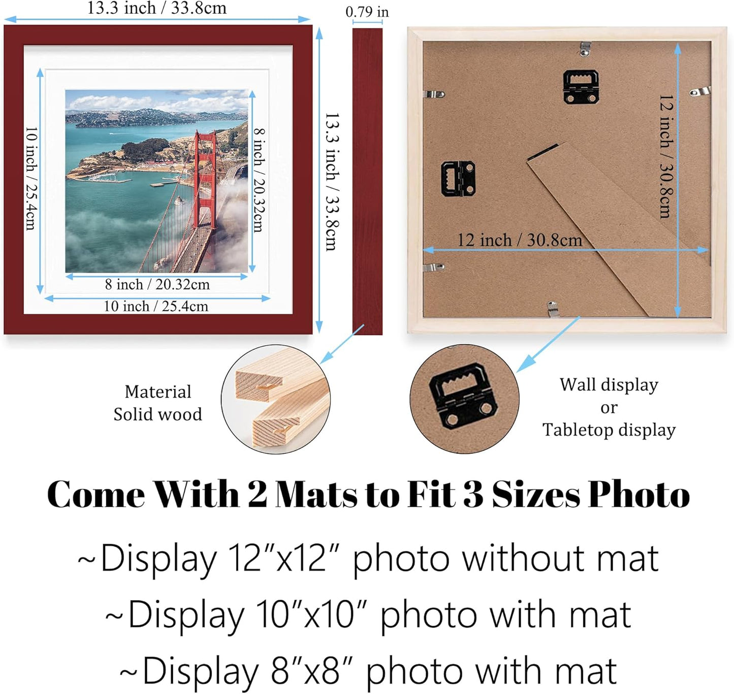 12x12 Wood Picture Frames for Wall Hanging or Tabletop,Diamond Painting Frame Baby Scan Picture Frames with 2 Mats Display 8x8 or 10x10 for Family Walls Decoration,Anniversary,Wedding,Christmas(Red)