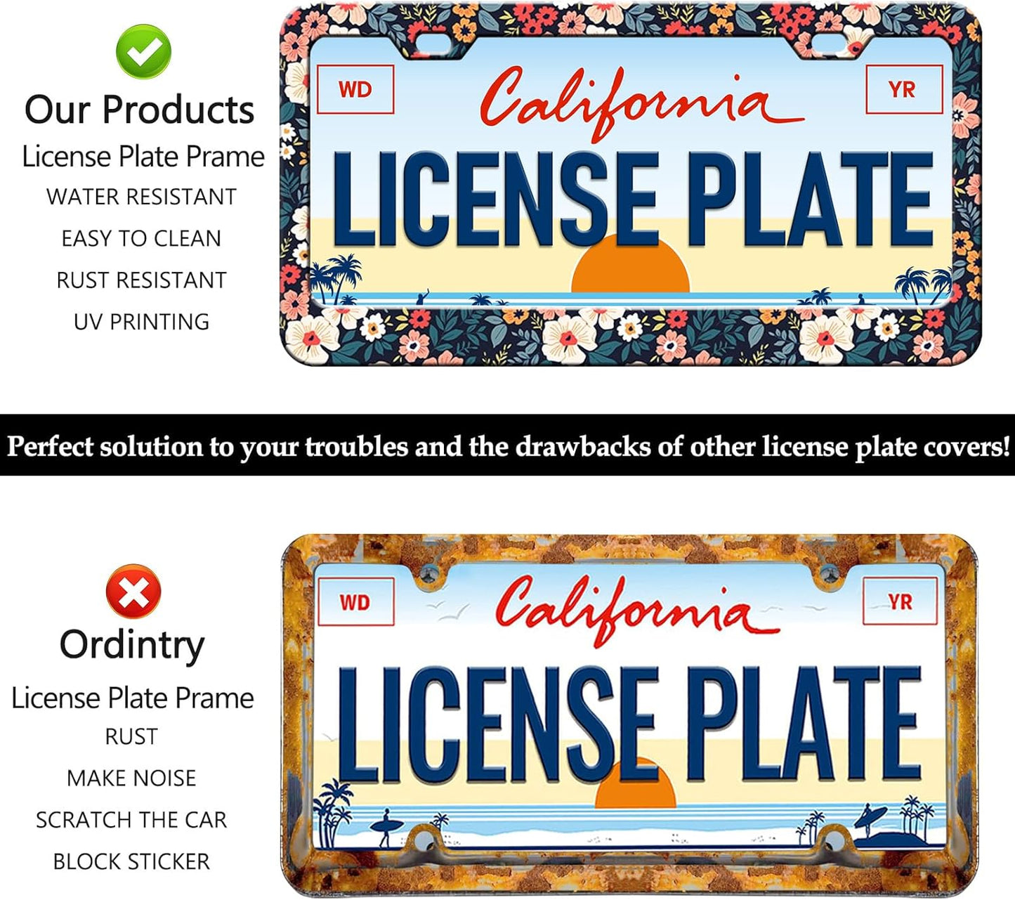 Folk Floral Flower License Plate Frames - 2 Pack Colorful Flowers License Plate Holder Covers for Women, Aluminum Metal Rust-Proof Waterproof Car Tag Frame with Screws Fasteners Caps