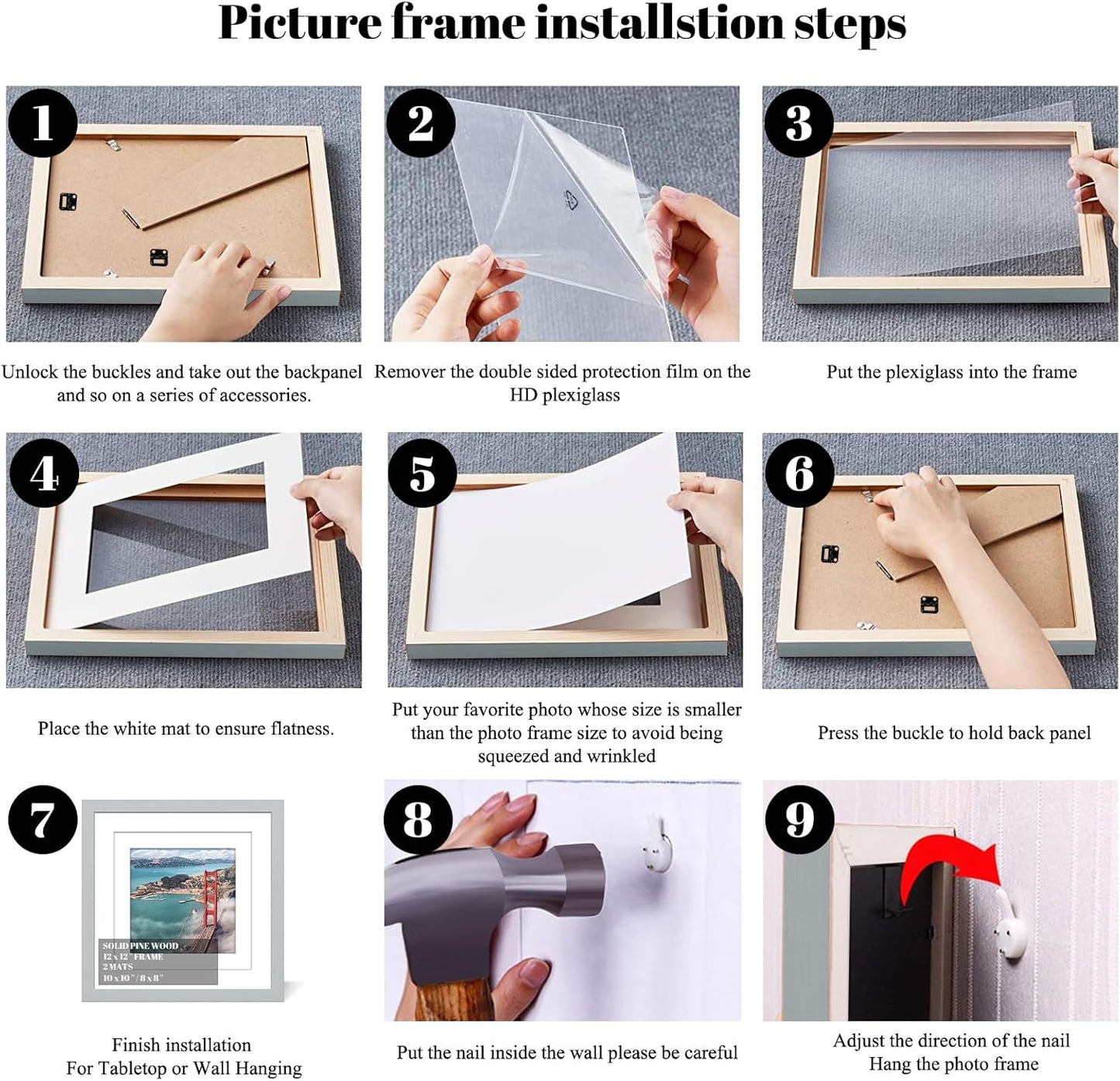 12x12 Wood Picture Frames for Wall Hanging or Tabletop,Diamond Painting Frame Baby Scan Picture Frames with 2 Mats Display 8x8 or 10x10 for Family Walls Decoration,Anniversary,Wedding,Christmas(Gray)