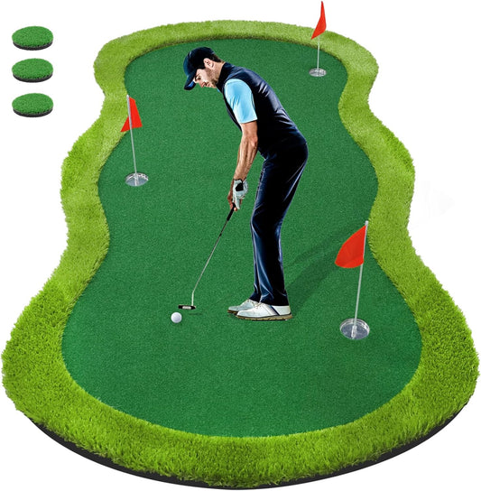 Roykaw Golf Putting Green - 5 x 10 Ft. Putting Mat, Professional Training Aid for Indoor & Outdoor, Green Mat w/ 3 Holes, Flags, Slope Sponges