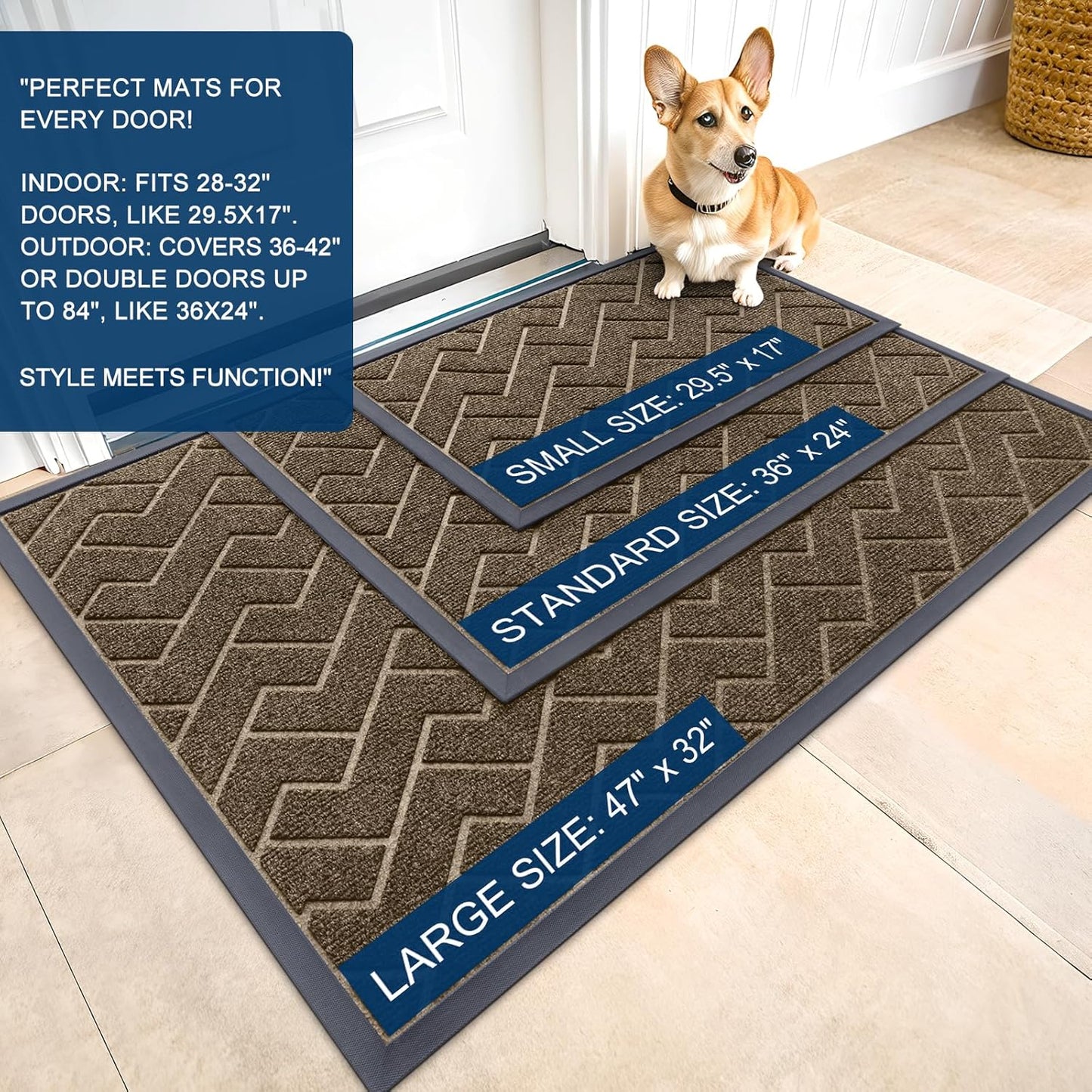 OLANLY Front Door Mat Indoor Outdoor Entrance, Waterproof All-Season, All-Weather Doormat, Sturdy Natural Rubber, Low Profile, Easy Clean Patio Porch Entryway Mat, Herringbone Brick (Brown, 47x17)