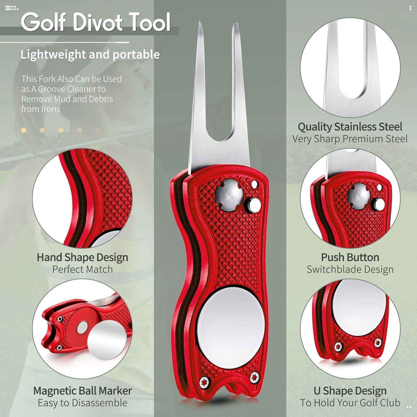 Skylety 4 Pcs Golf Divot Repair Tool Metal Foldable Golf Divot Tool with Magnetic Pop-up Button Ball Marker Stainless Steel Switchblade for Golfers Prizes