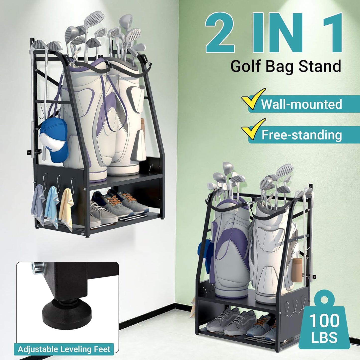2-in-1 Wall Mount Golf Bag Organizer - Holds 2 Golf Bags w/ 4 Club Racks, 10 Hooks & Storage Shelf - Free-Standing Golf Bag Stand w/Adjustable Feet for Garage, Store, Club, Shed