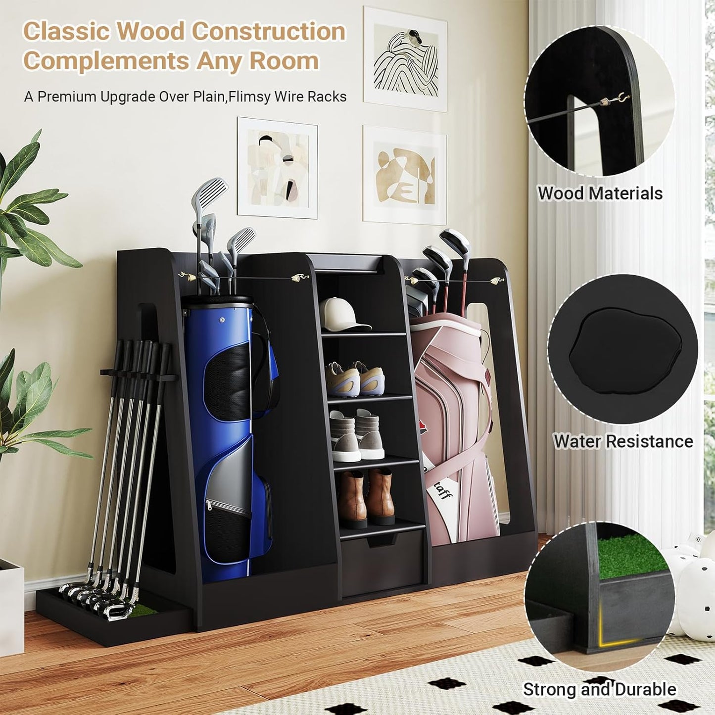 Wooden Golf Bag Organizer and Storage Rack, Golf Storage Organizer for Garage, Golf Bag storage Rack, Holds 2 Golf Bags and Golfing Equipment, Suitable for Garage Golf Club Home