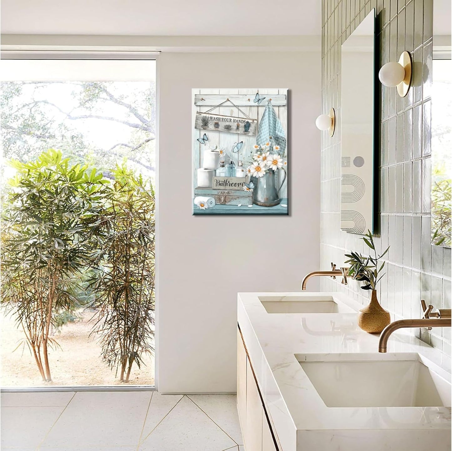 Framed Farmhouse Bathroom Canvas Wall Art Country Butterfly Daisy Wall Decor Pictures Teal Bathroom Painting Wash Your Hands Sign Poster Prints for Toilet Bathroom Home Decoration