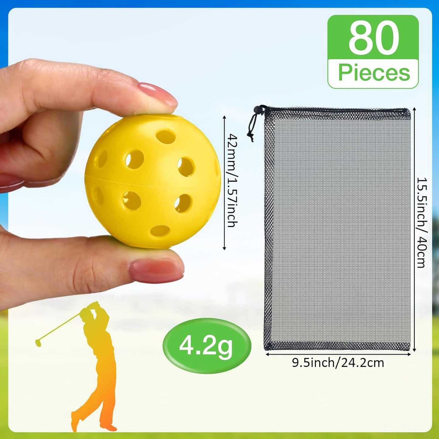 80 Pack Practice Golf Balls Limited Flight 42 mm Golf Training Airflow Hollow Plastic Ball for Women Men Indoor Outdoor Driving Range Swing Practice Home