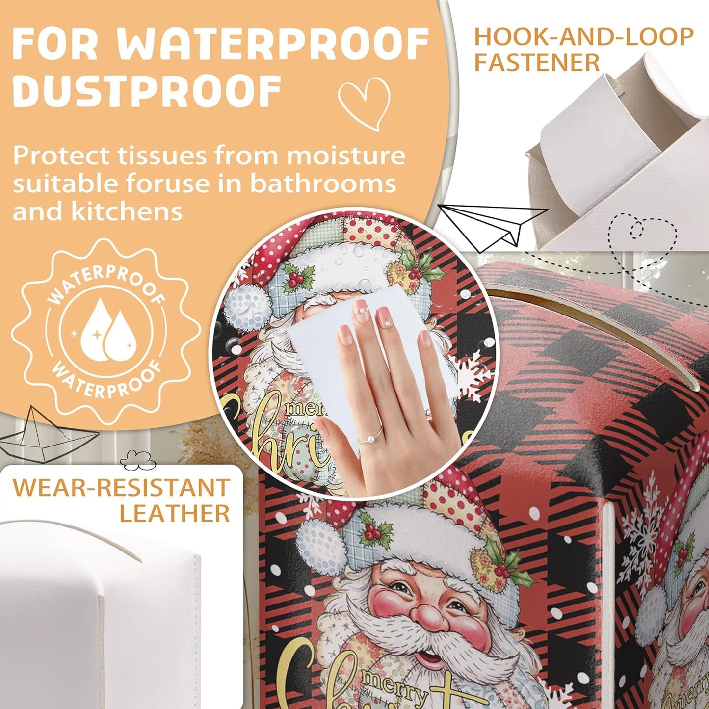 Merry Christmas Tissue Box Holder, Santa Claus Red Checkered Leather Tissue Box Cover Square, Paper Facial Decorative Tissues Cover for Night Stands Bathroom Office Home Decor-B16