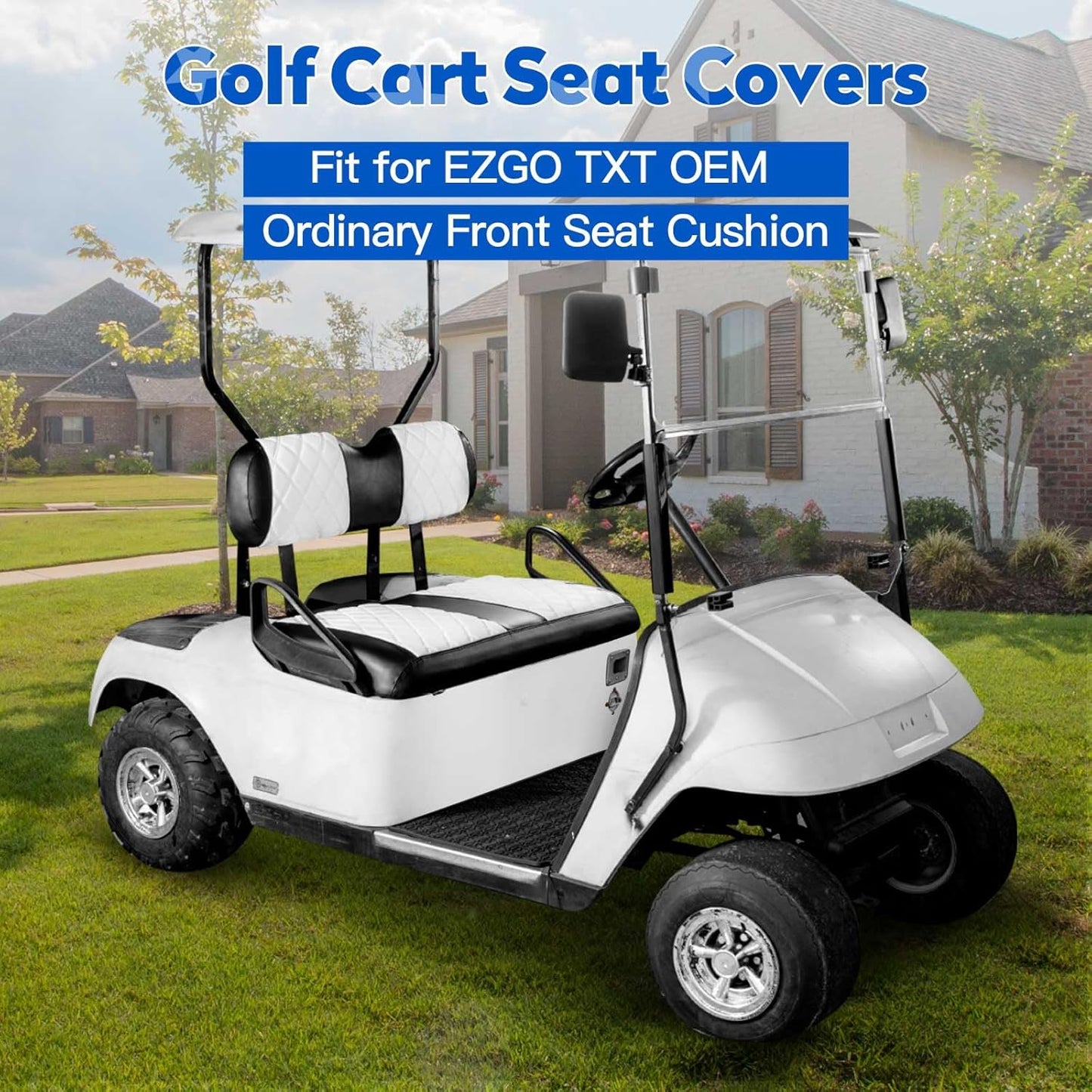 NOKINS Golf Cart Diamond Seat Covers Kit, Fit for EZGO TXT 1994-2013/EZGO RXV OEM Standard Front Seat Cushion, Golf Cart Vinyl Seat Cover, No Nails Required (White and Black)