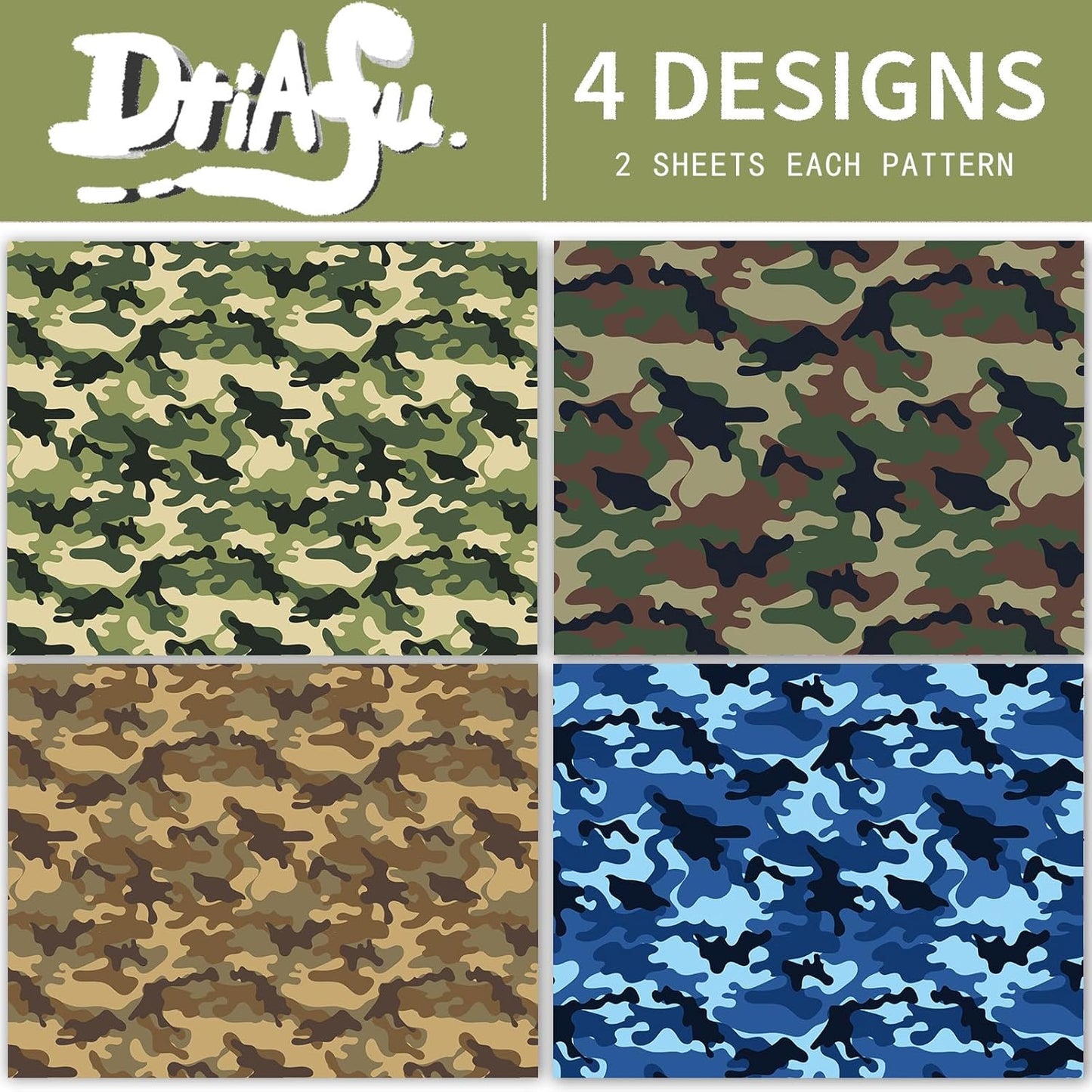 Dtiafu Camo Wrapping Paper for Men Boys Kids - Army Wrapping Paper for Birthday Veterans Day - 4 Style Green Blue Camouflage Gift Wrap - 20 X 28inch Per Sheet(8 Sheet Folded Flat)