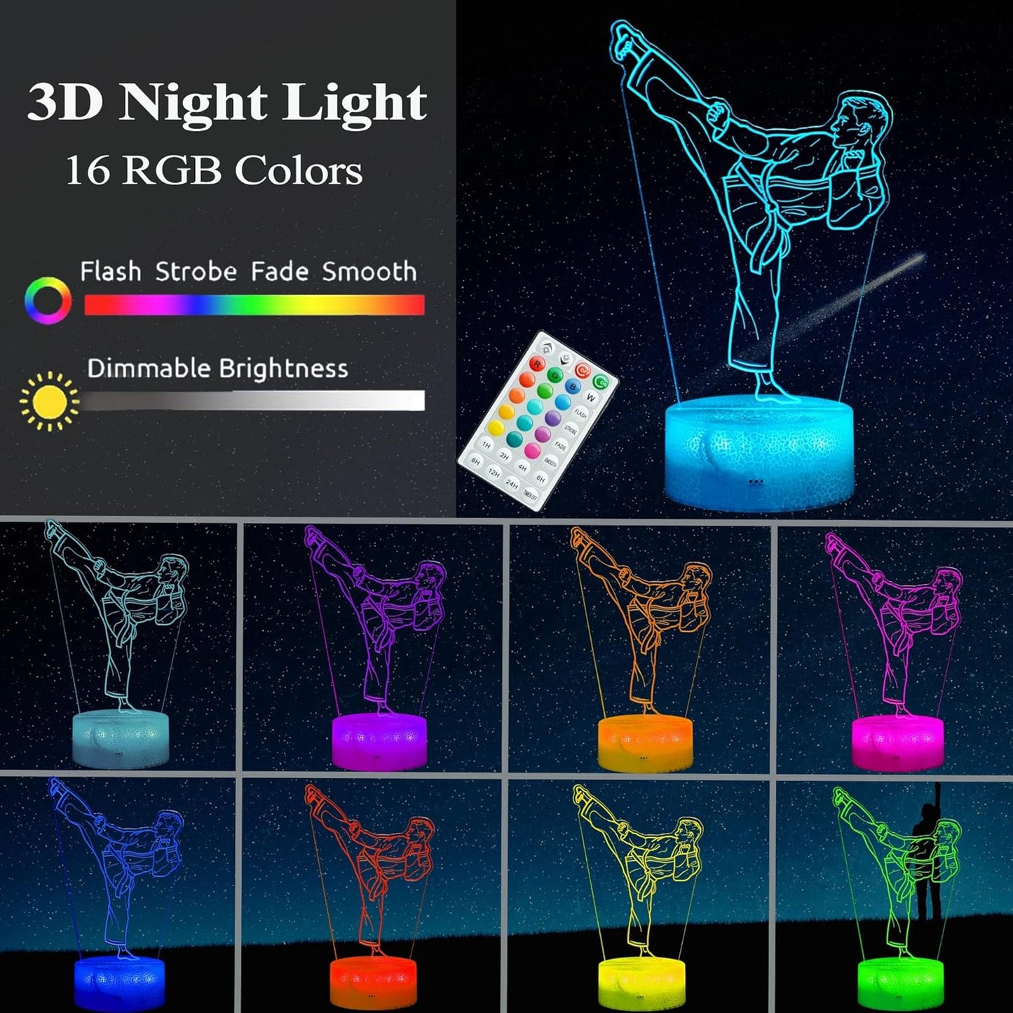Karate Night Light, Karate Gifts, Taekwondo 3D Illusion Lamp with 16 Colors Changing, Timer, 4 Flash Modes and Dimmable, Kids Boys Girls Room Decoration, Holiday Xmas Gifts
