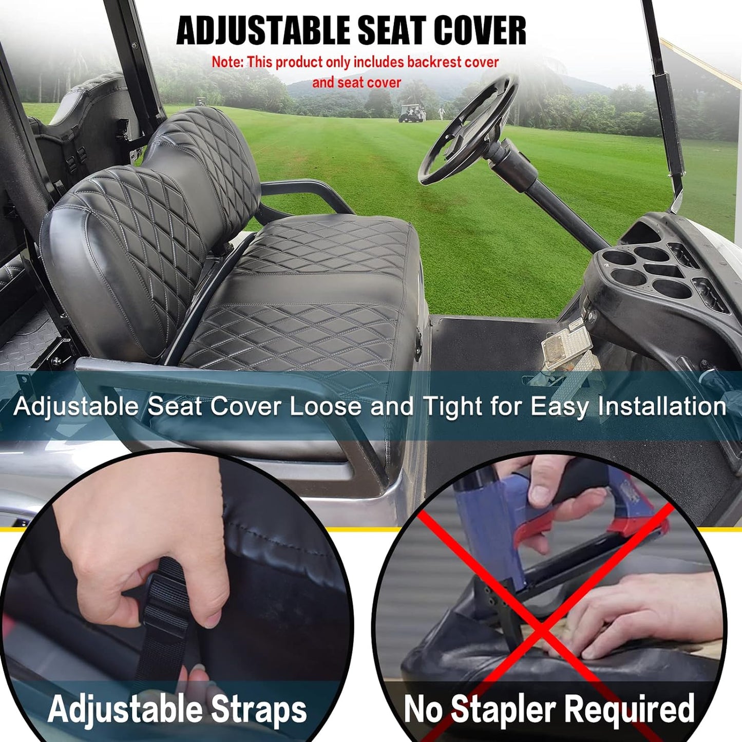 NOKINS Golf Cart YD Diamond Seat Cover for Yamaha Drive/Drive 2 OEM Standard Seat Cushion, No Stapler, Golf Cart Vinyl Replacement Front Seat Cover Black Stitching