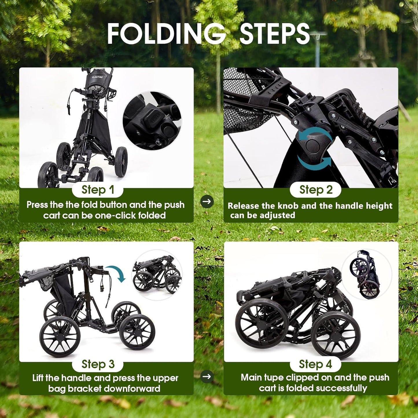 Golf Push Cart 4-Wheels,Folding Golf Cart, Golf Pull cart with Cup Holder,Umbrella Holder,Cooler Bag, Foldable with one-Click,Handle Height Adjustable,Drink Holder,Walking Push cart